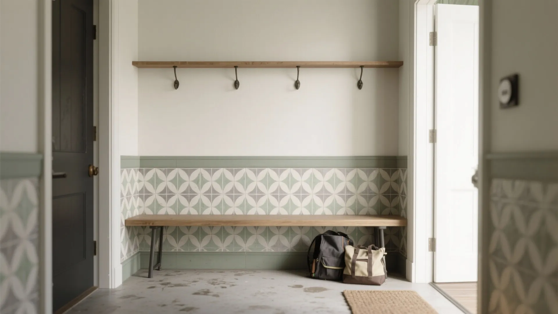 Entryway with a wooden bench, wall hooks, green patterned wall panels, and two travel bags