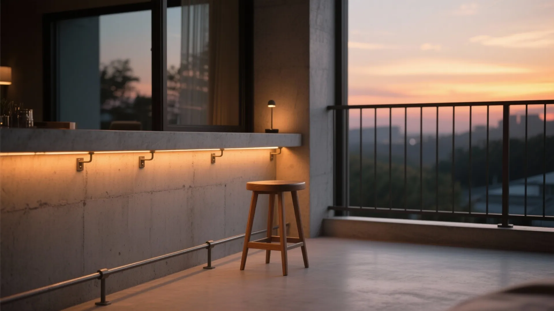 Slim cement counter bar mounted to railing with warm underlip LED lighting, keeping floor space clear