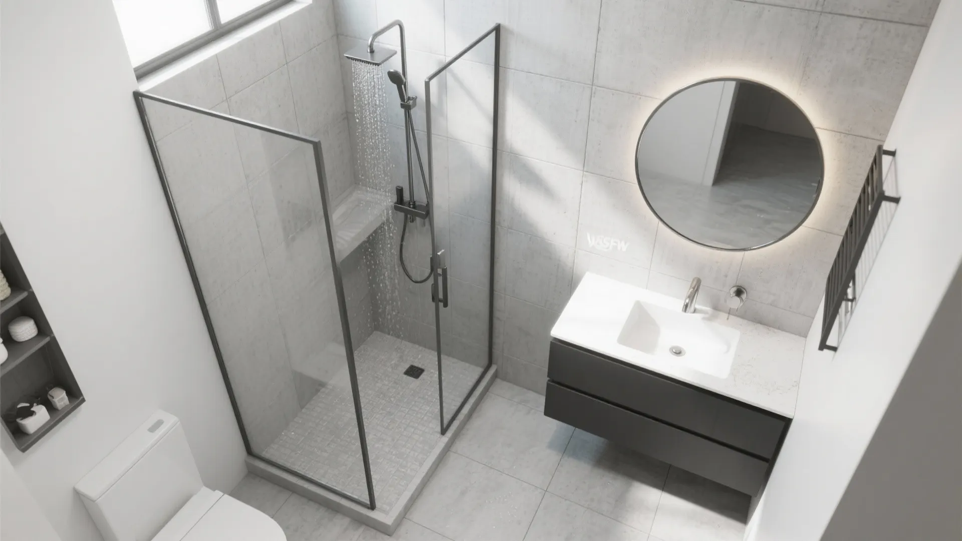 Modern bathroom with glass shower stall grey tiles round mirror black vanity and white sink