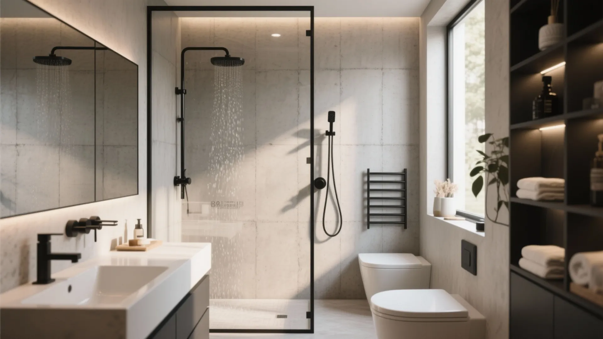Modern bathroom with grey wall panel featuring a glass shower door black fixtures and white sink
