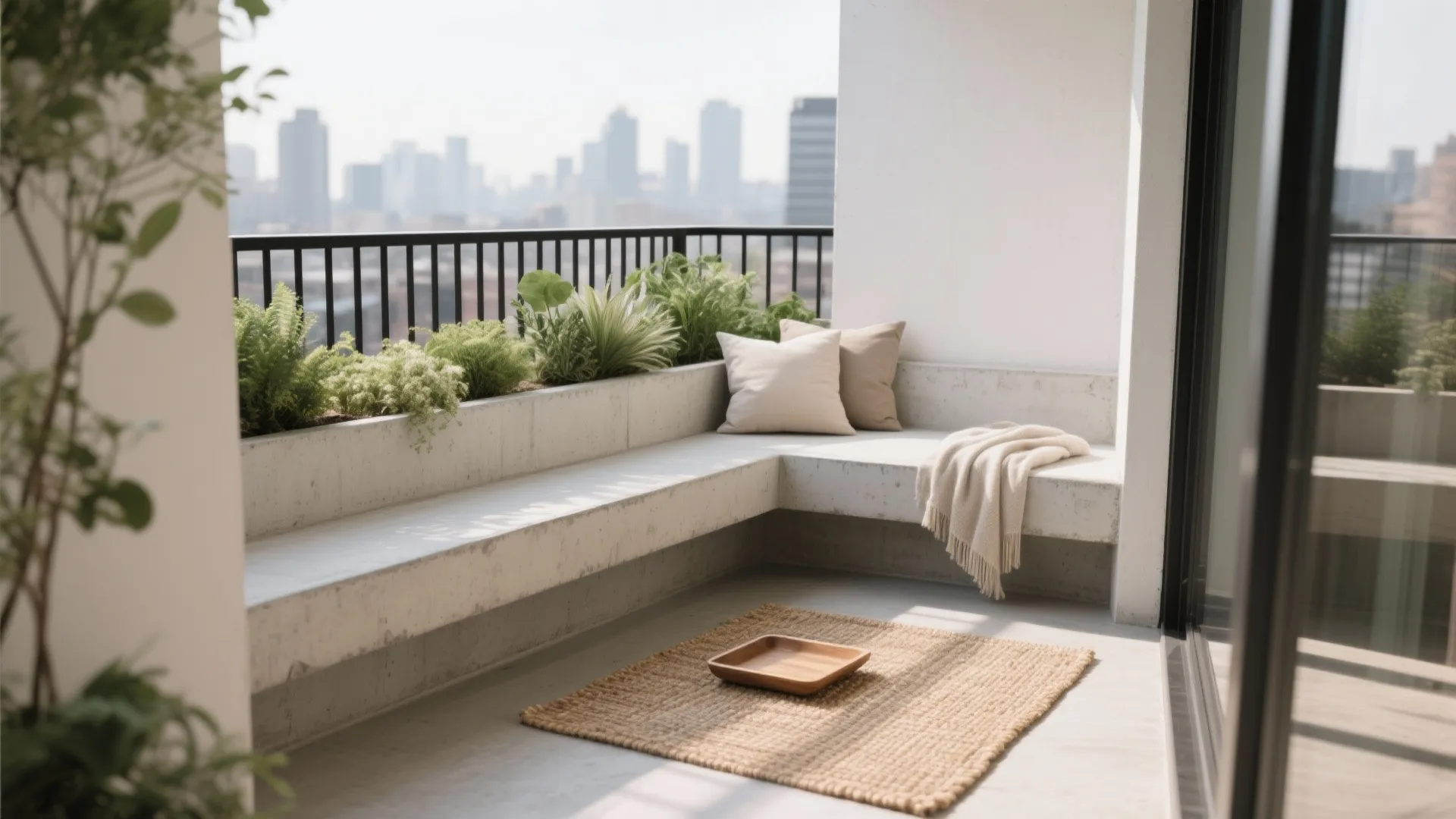 Bright balcony featuring concrete bench with green plants soft pillows small rug and city view