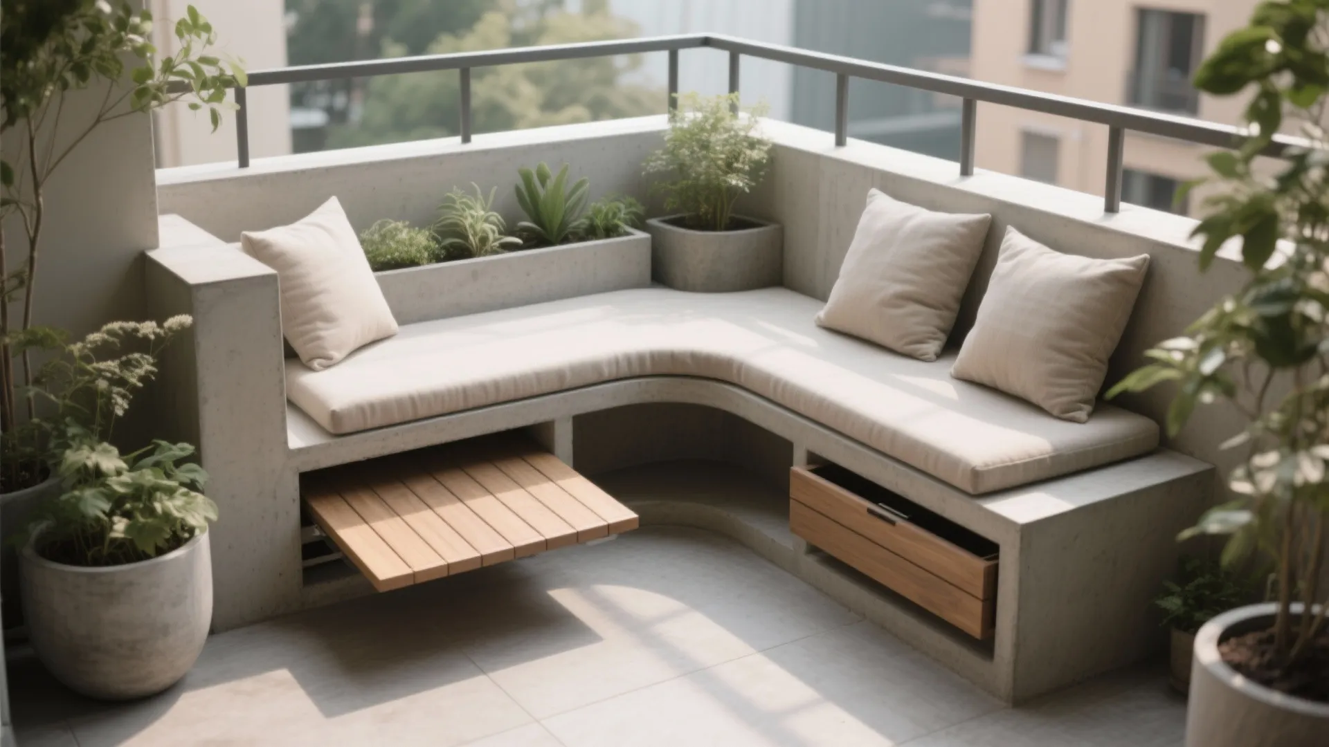 L-shaped cement bench with curved corner, hidden storage, slim cushions, and warm wood accents on a small balcony