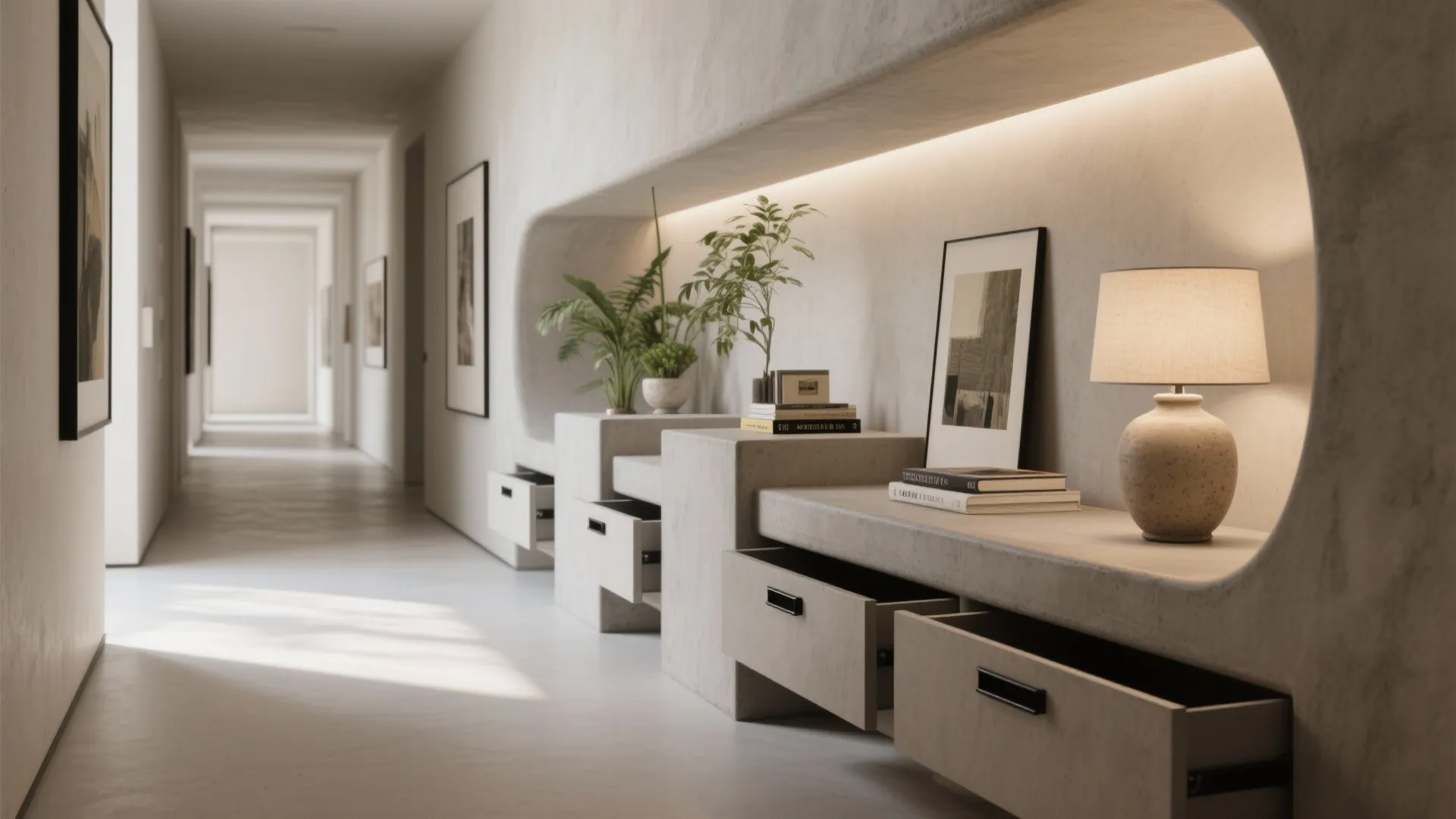 Minimalist hallway featuring concrete benches with drawers table lamp potted plants and art on walls