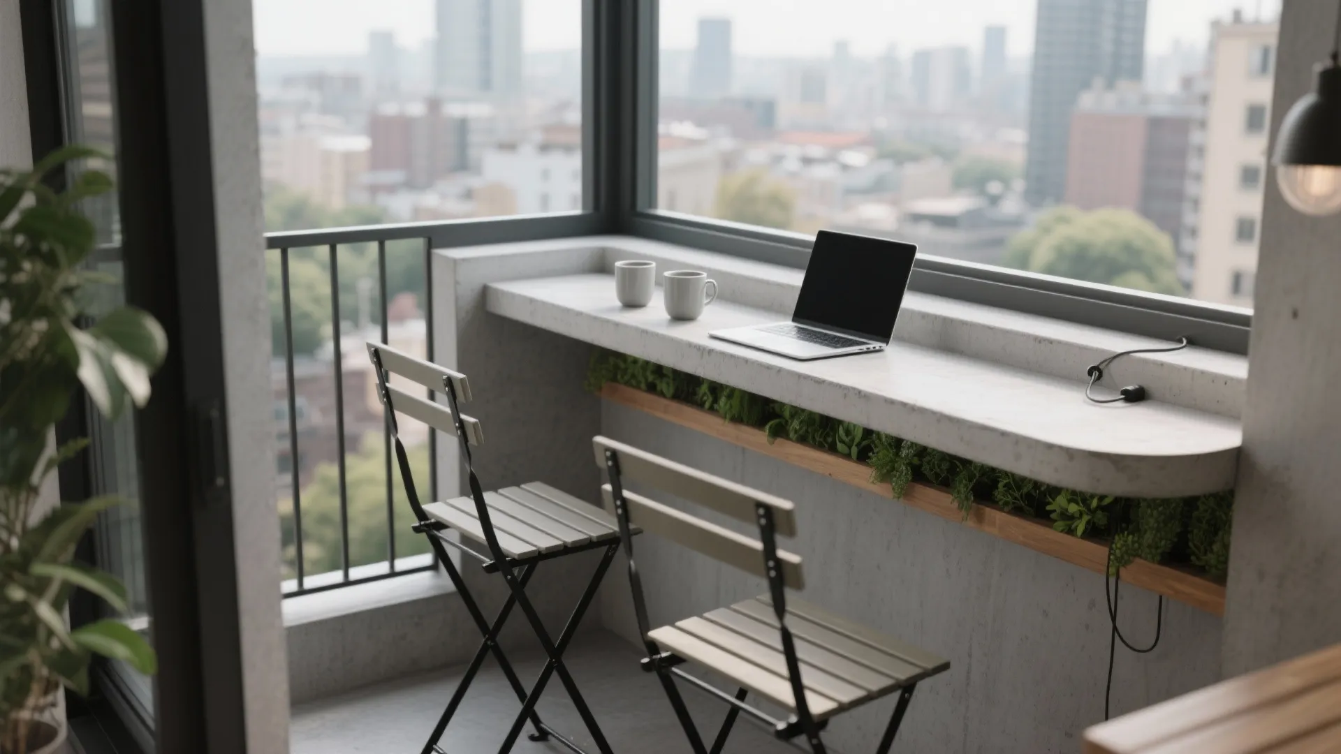 Balcony workspace with concrete table laptop two chairs and plants overlooking a city skyline view outdoor
