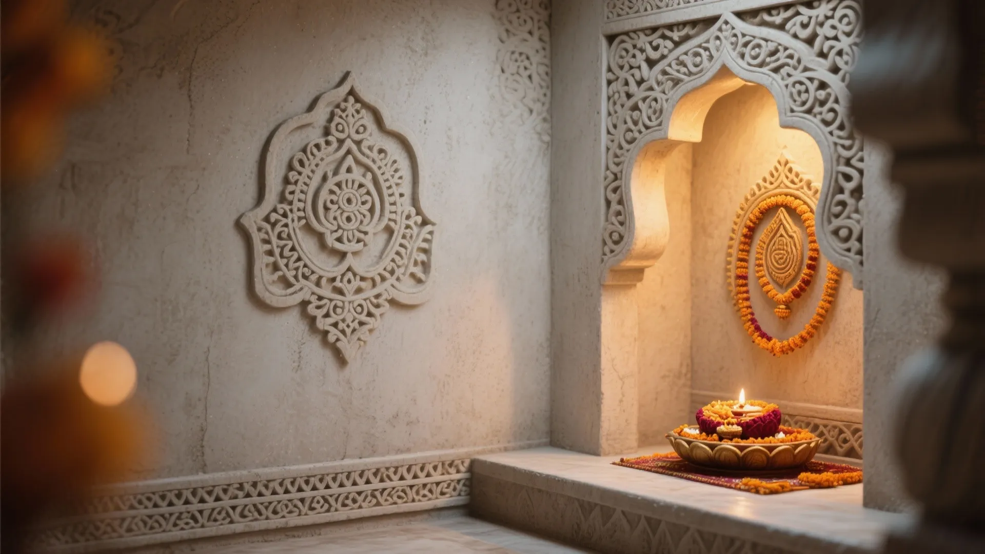 Minimalist Cement Backdrop with Intricate Carving