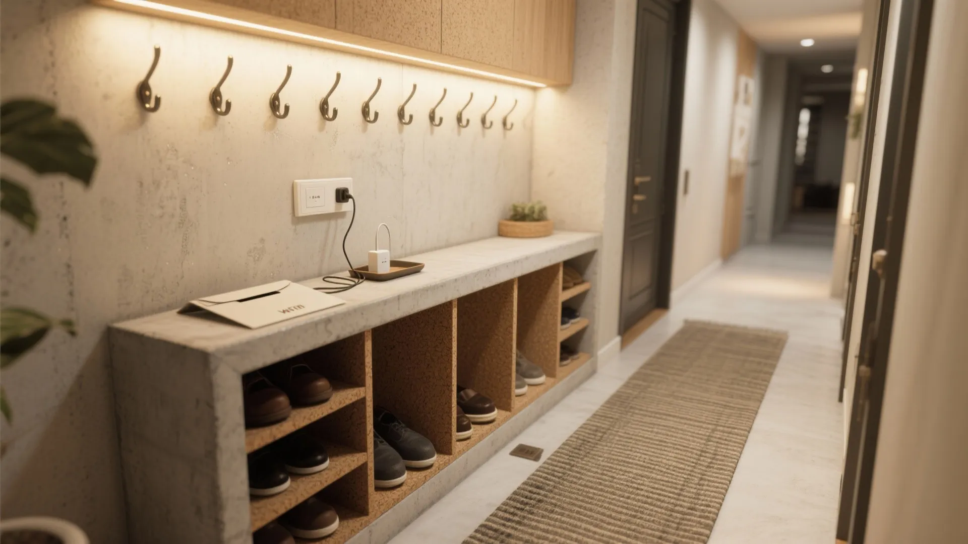 Built-in console with integrated hooks and shoe bay