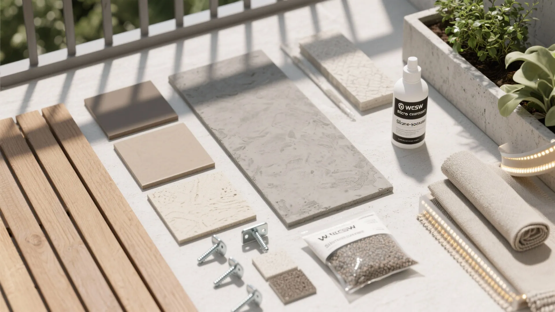 Flat lay of renovation materials with wooden slats, stone tiles, screws, fabric, and green plants