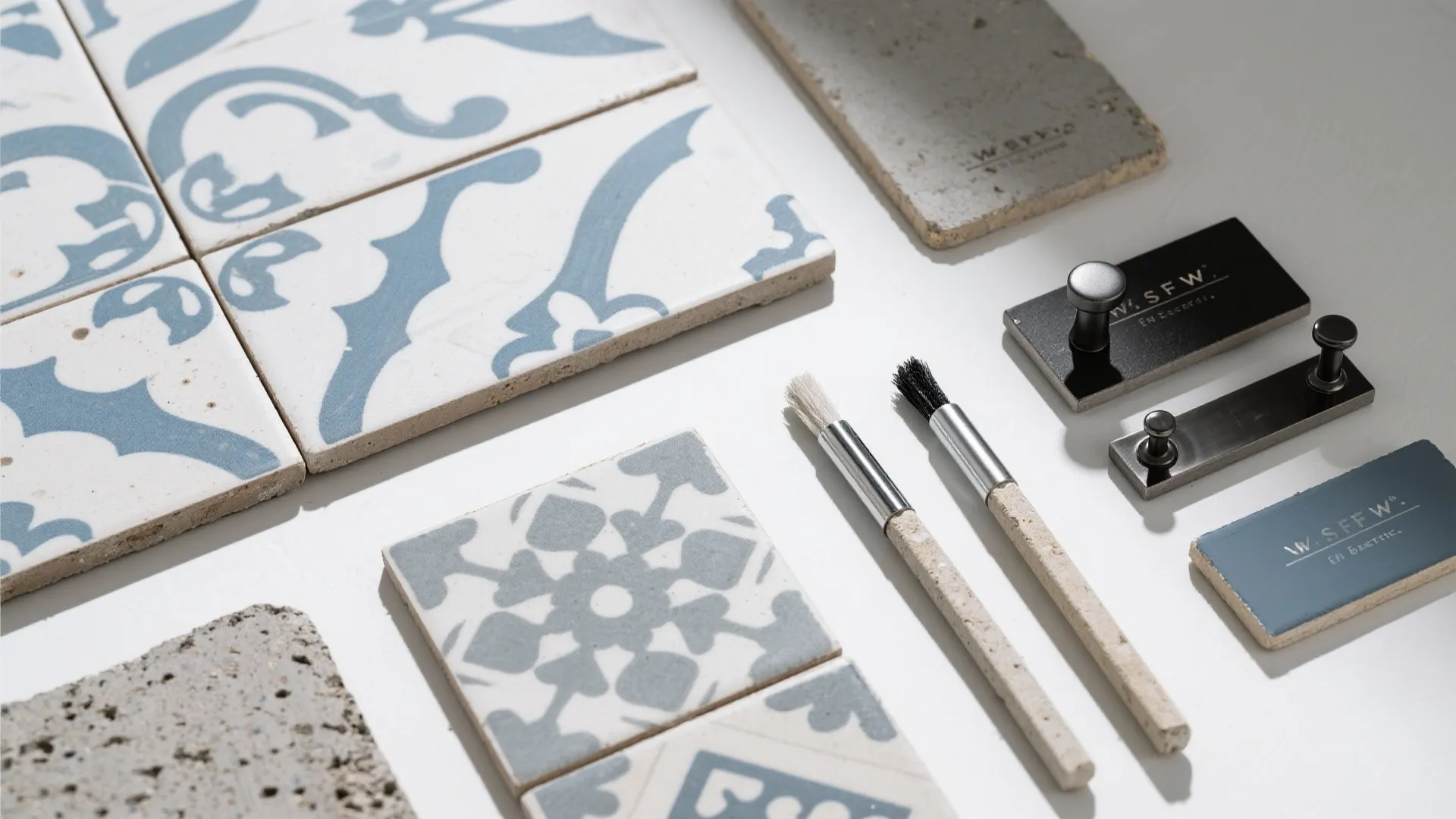 Blue and white patterned floor tiles with small paint brushes and black metal cabinet hardware