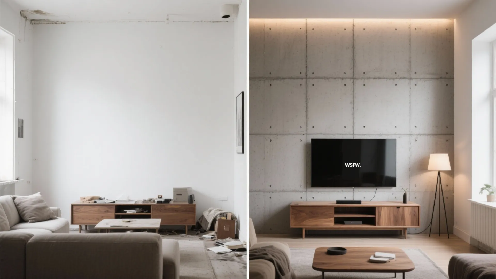 Before and after comparison of a living room renovation with a new grey wall panel