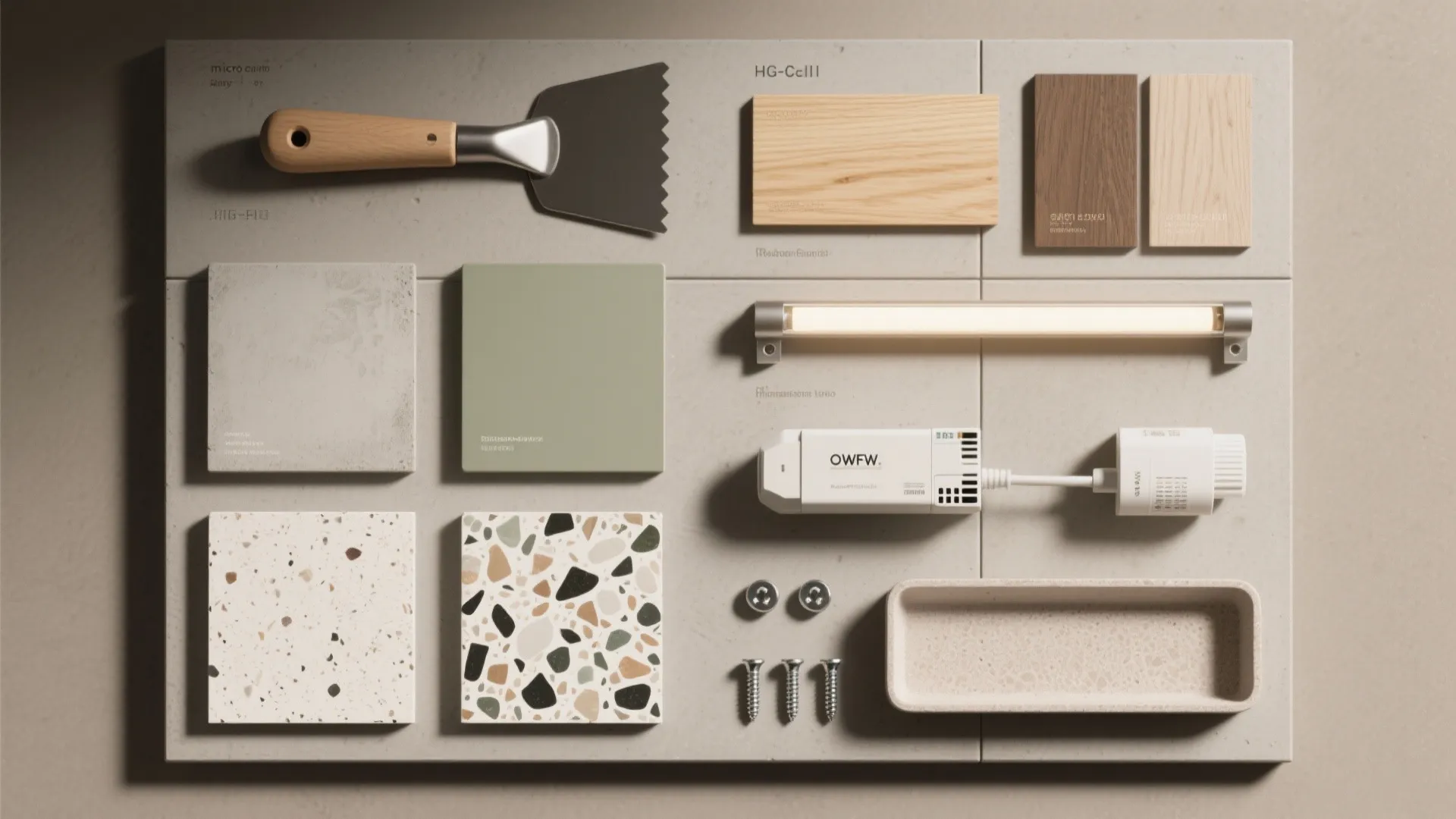 Interior design material board with wood samples stone tiles scraper light fixture and hardware tools