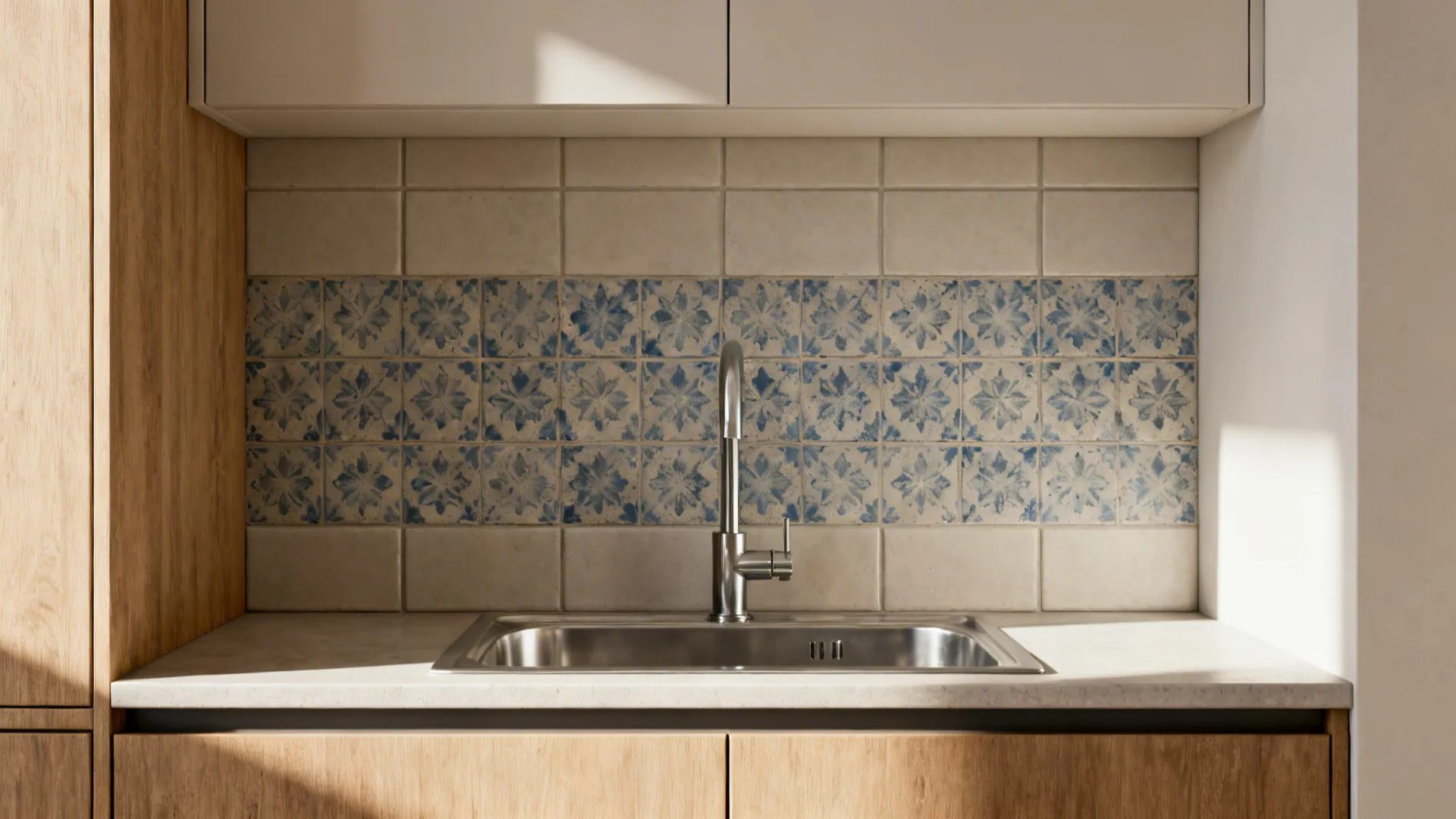 Narrow patterned cement tile band framed by plain tiles behind a kitchen sink.