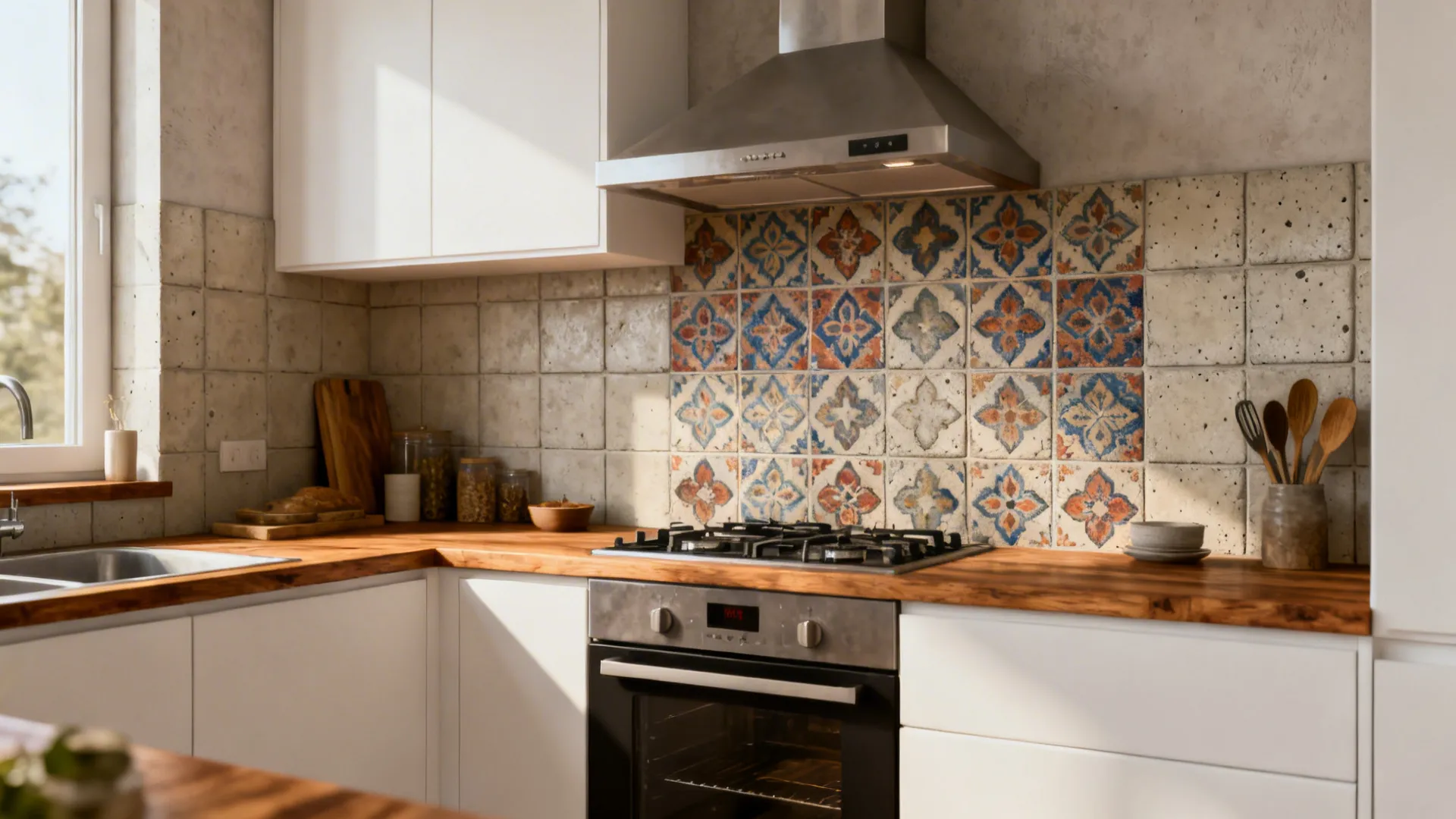Patterned cement tile feature panel framed by neutral tiles in a small kitchen