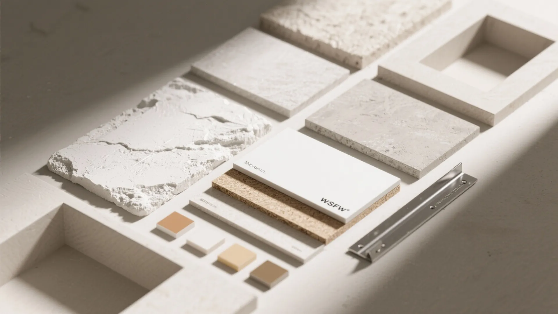 Flatlay of microcement and plaster textures with paint chips, MDF core and metal angle bracket.
