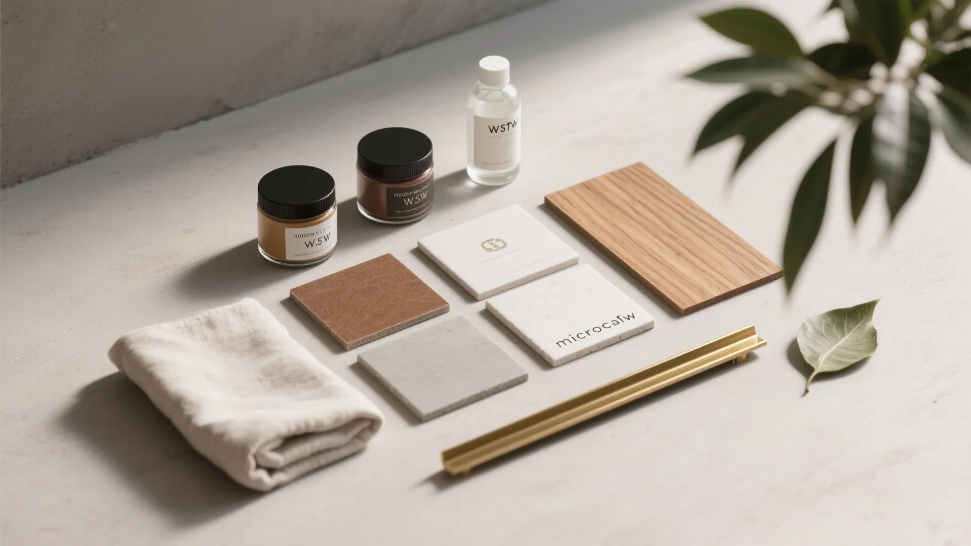 Interior design material board with wood samples stone tiles fabric swatches and small paint jars