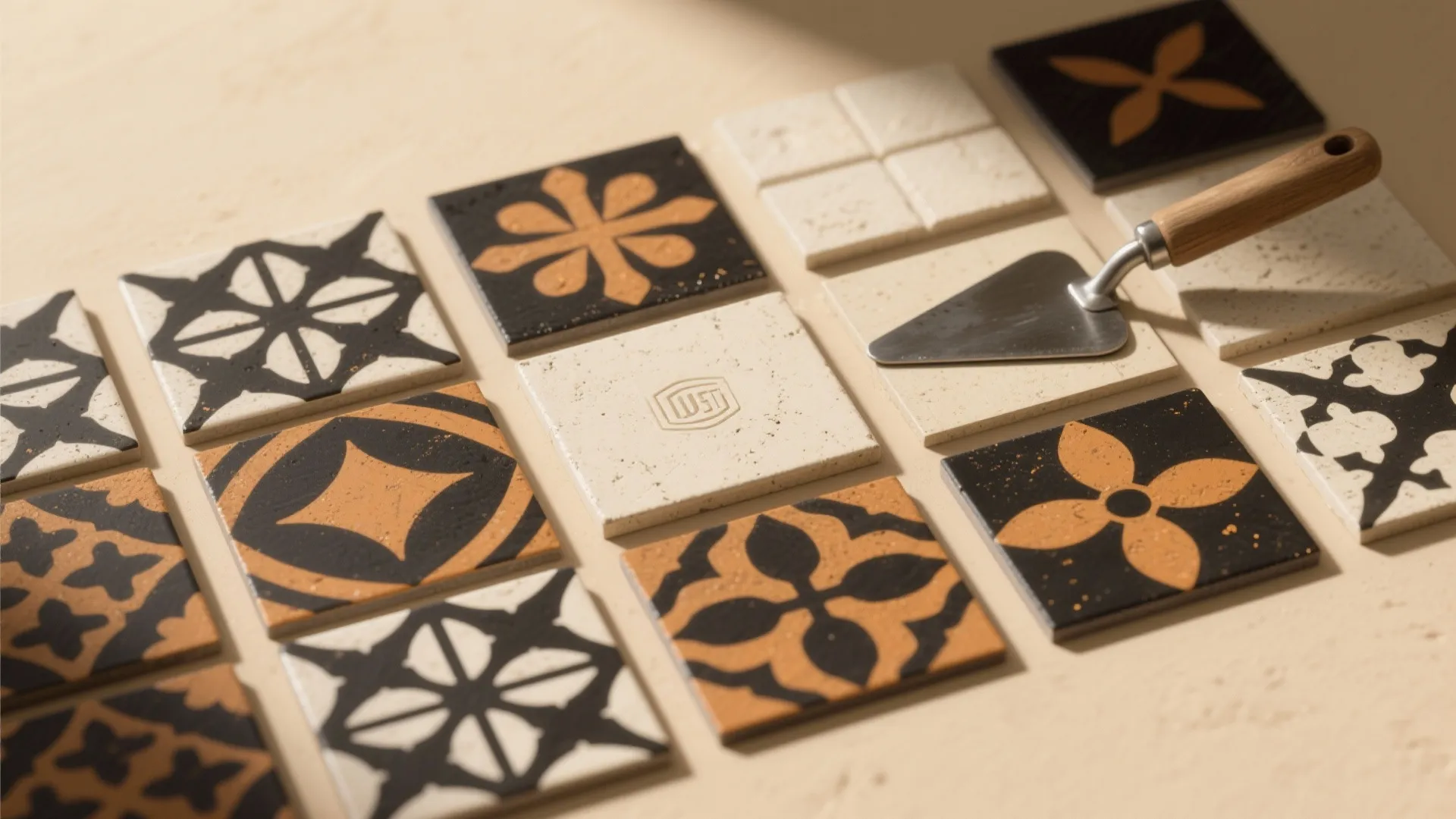 Selection of decorative floor tiles with black orange patterns and metal tool on beige background