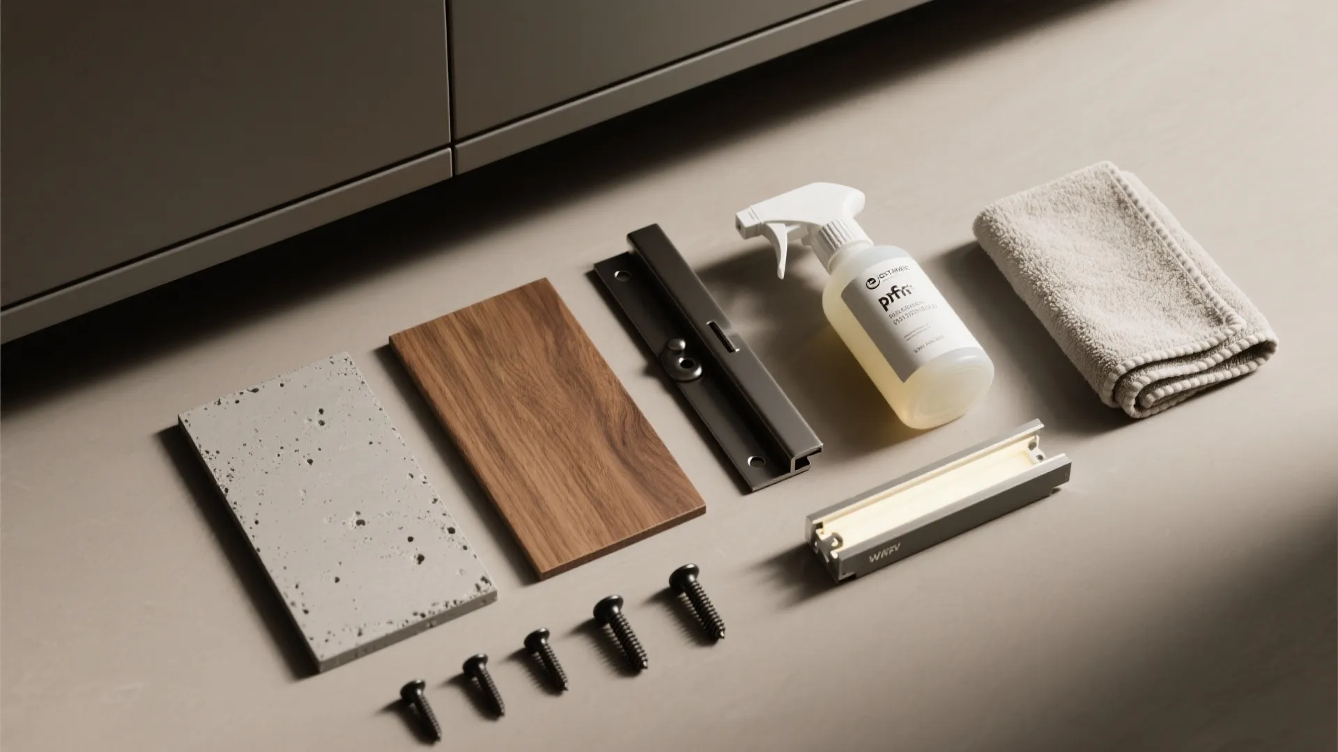 Material samples including grey stone, wood panel, black screws, cleaning spray, and a beige towel