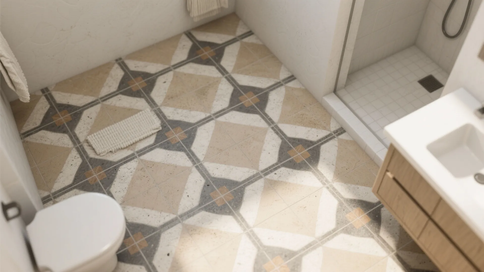Top view of bathroom floor with geometric pattern tiles plus white toilet and wooden cabinet