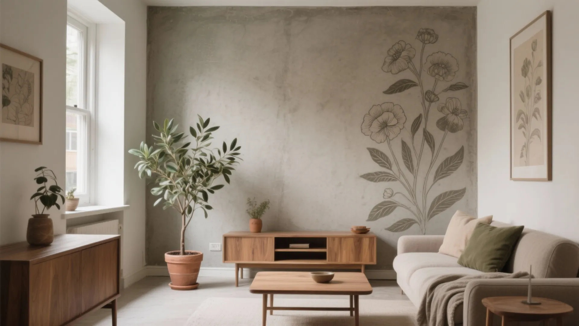 Modern living room with grey concrete wall floral drawing wooden cabinet sofa and green potted plant