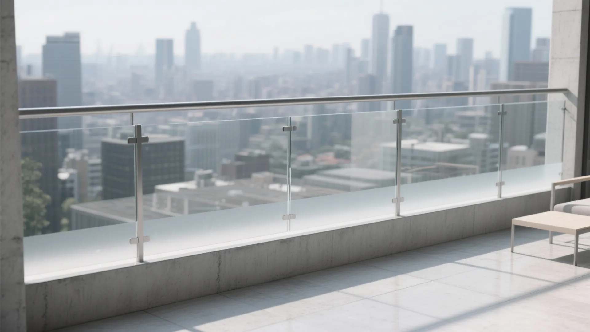 Modern apartment balcony featuring glass railing with metal handrail overlooking a blurred city skyline view