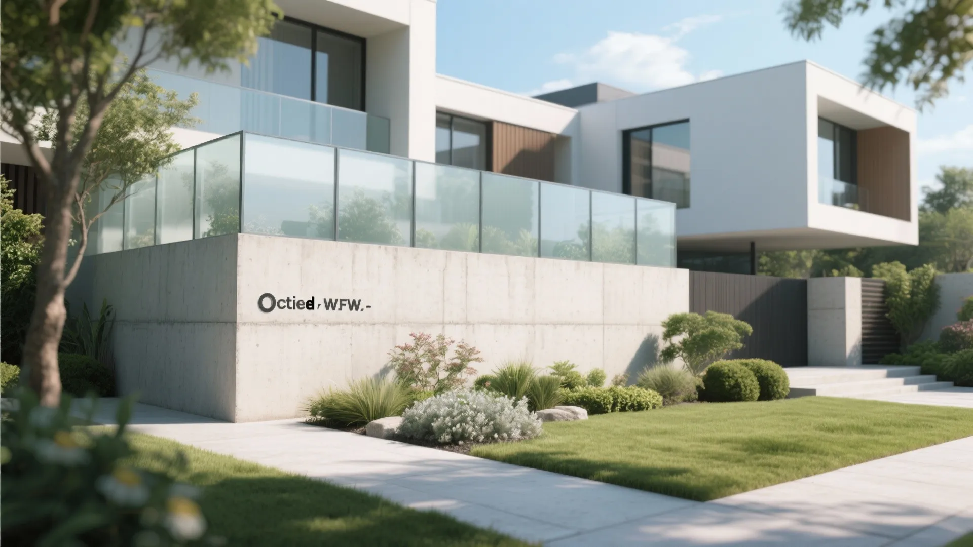 Modern house exterior featuring a smooth gray cement wall with glass balcony and green garden