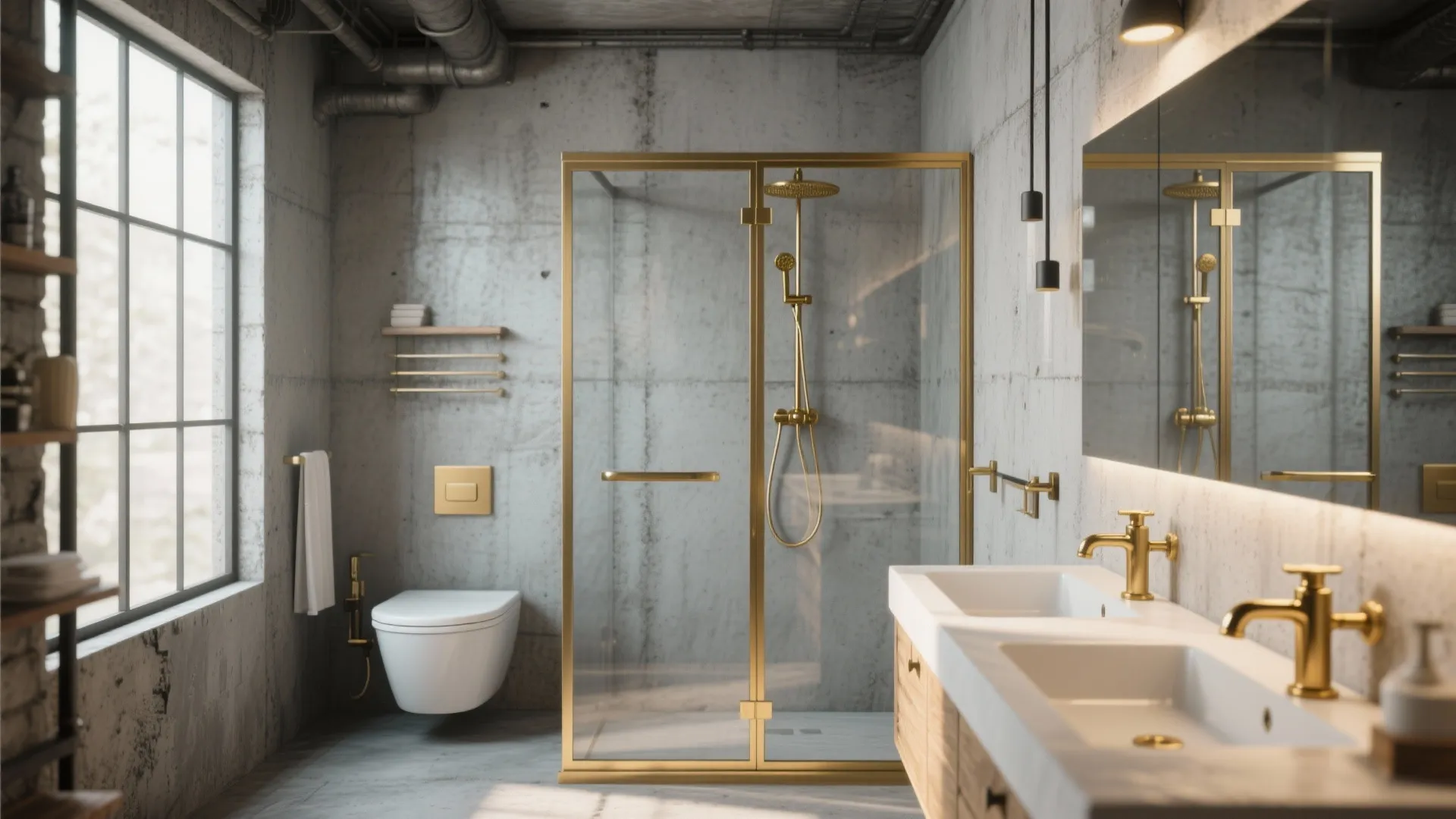 5. Gray Cement with Gold Frame Shower Door