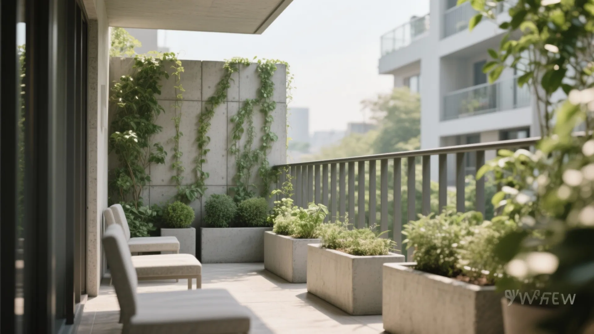 Cement planters and a cement-look screen with climbing vines creating vertical greenery and privacy on a small balcony