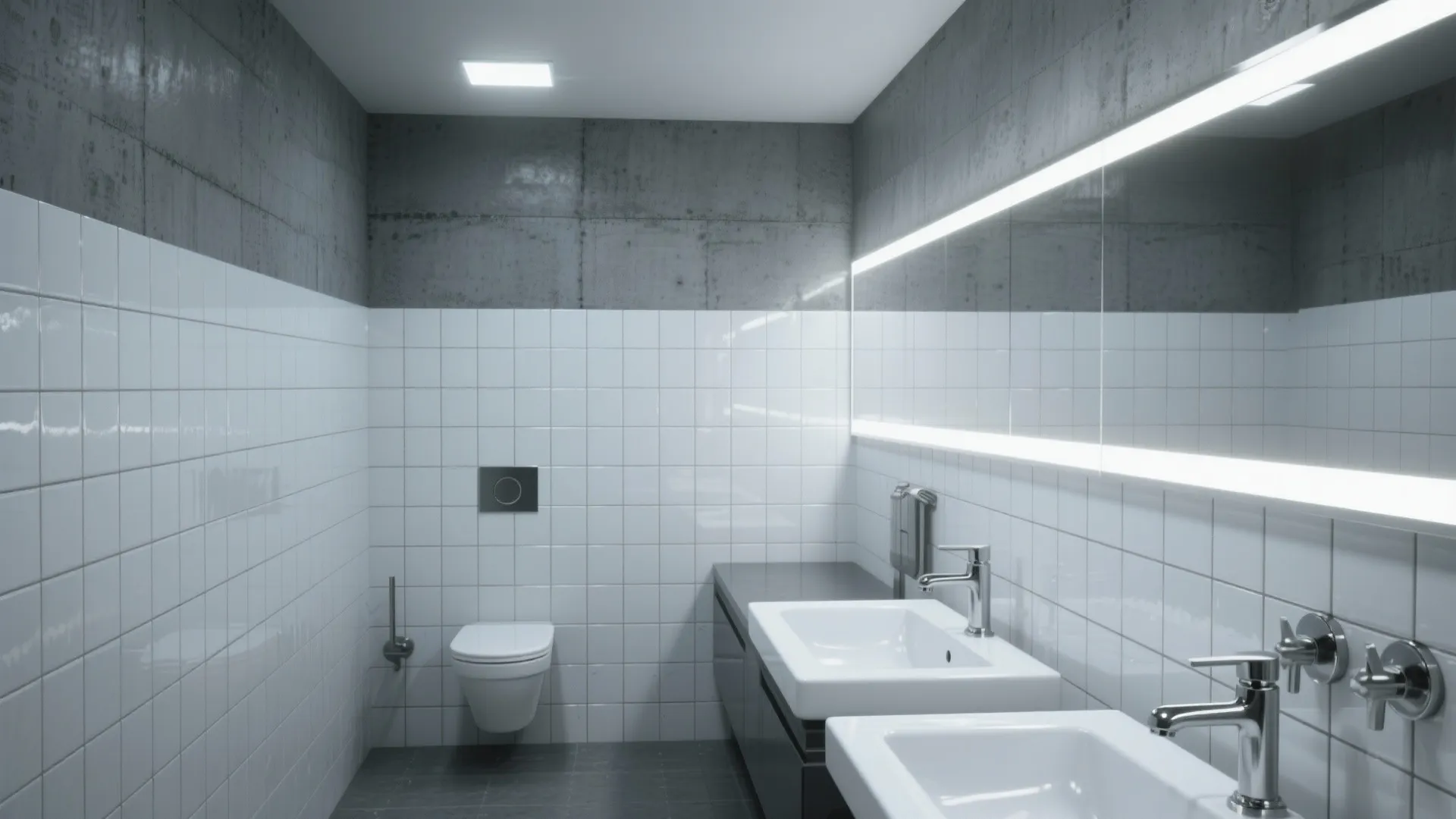Modern bathroom with grey concrete walls white tiles double sinks long mirror and wall toilet