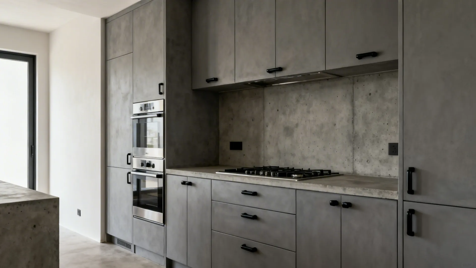 Compact kitchen with cement grey cabinets, concrete-look tile, black hardware, stainless appliances.