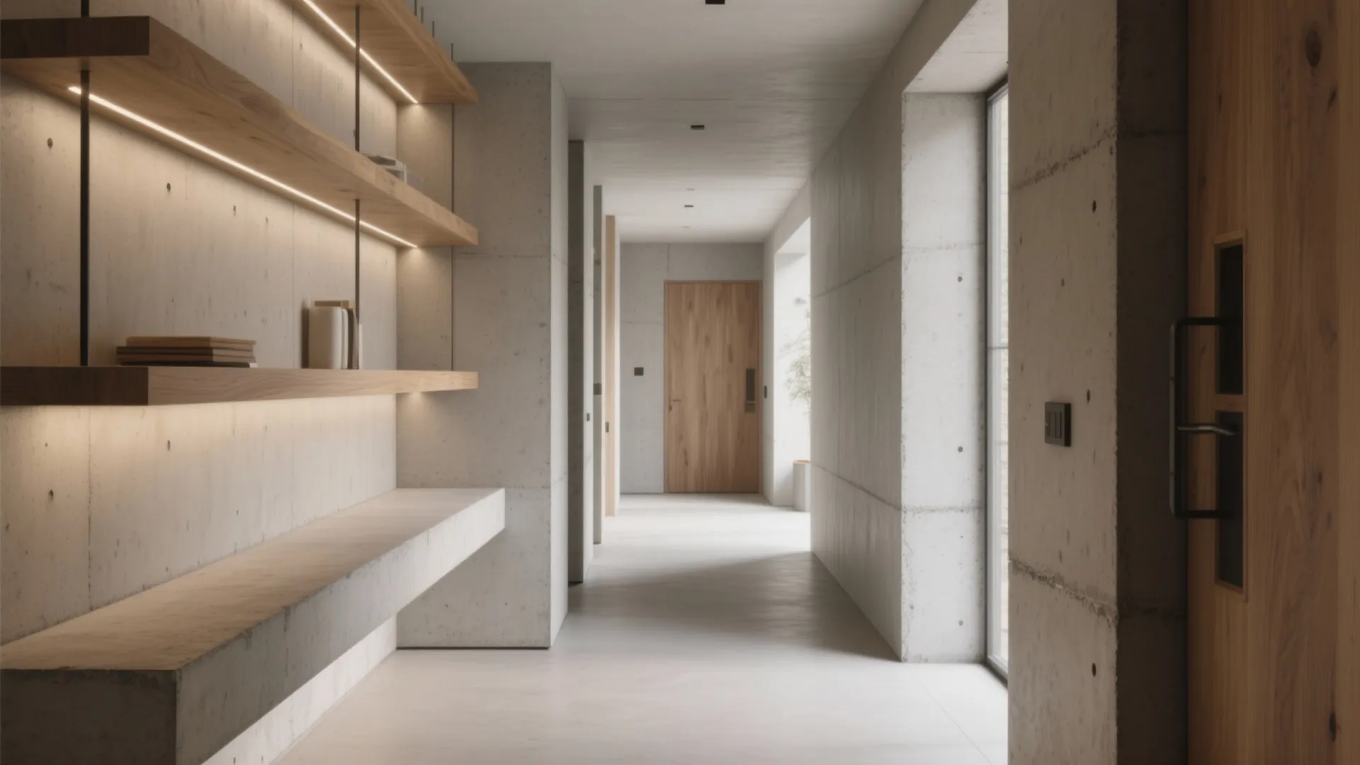 Bright concrete entrance hallway with glowing wooden shelves a wooden door and large glass windows