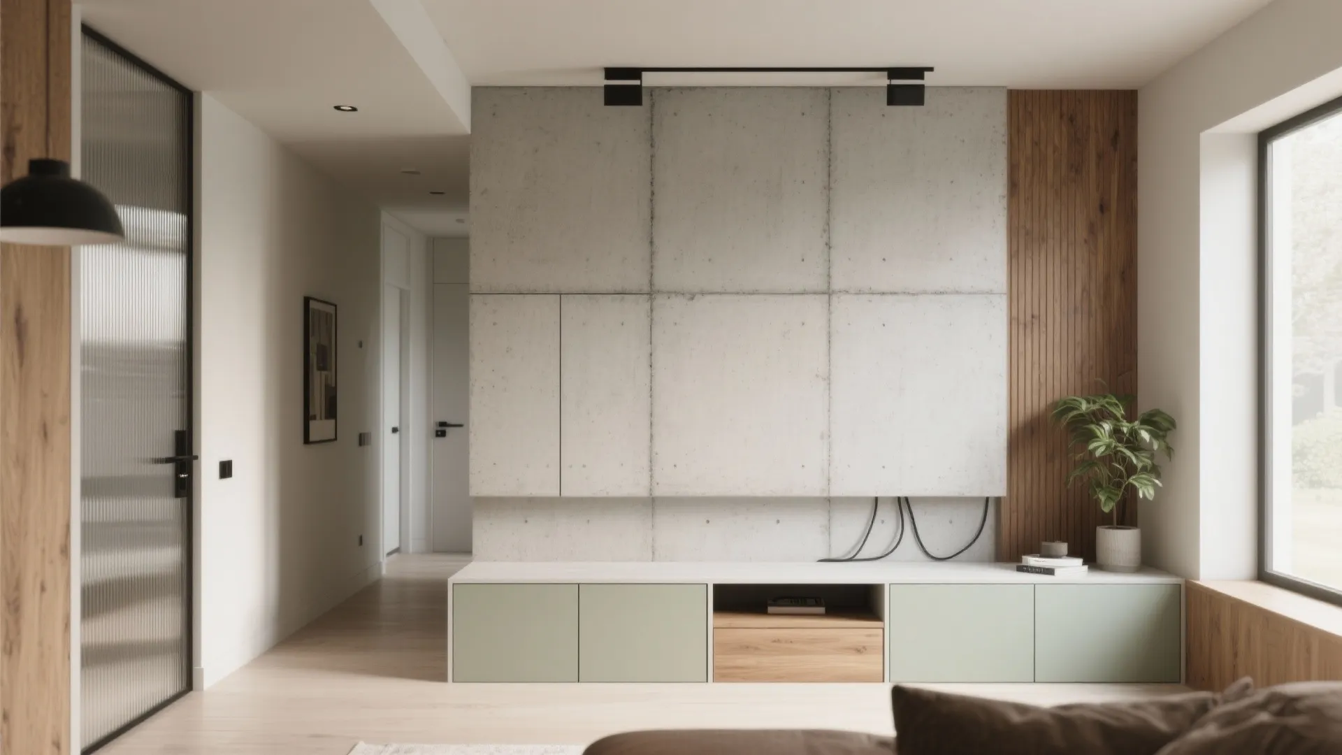 Modern hallway featuring concrete wall panels wooden wall green cabinet and a small green plant