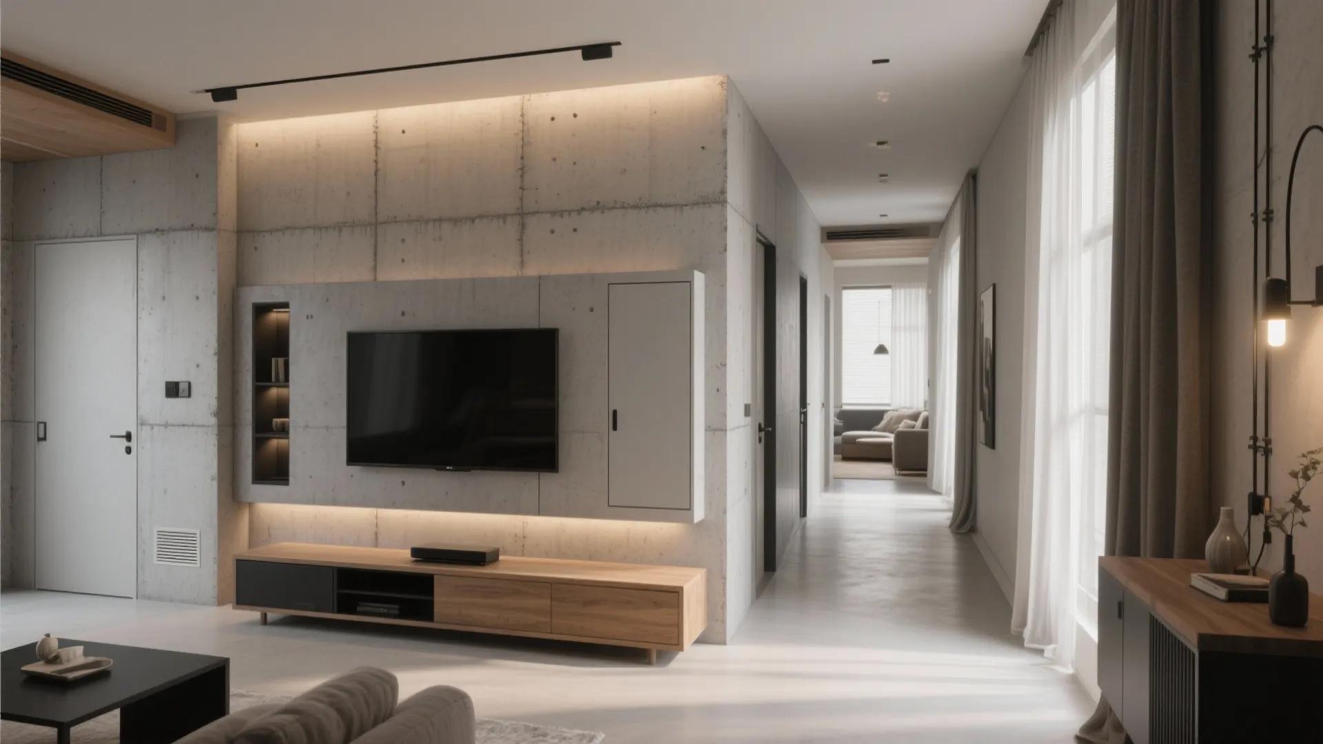 Modern living room with concrete wall panel wooden cabinet mounted television and bright natural light