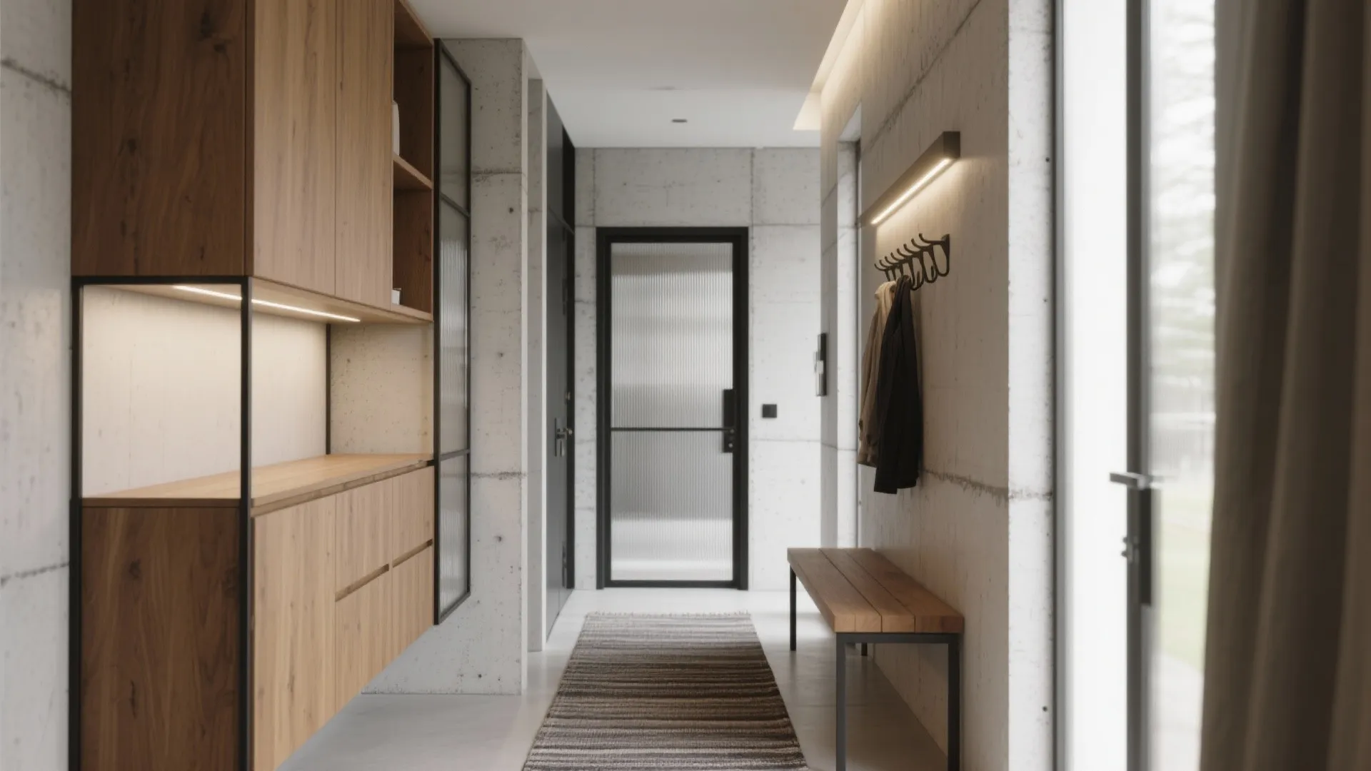 Modern entrance hall with wooden cabinets a wood bench wall hooks and a striped rug
