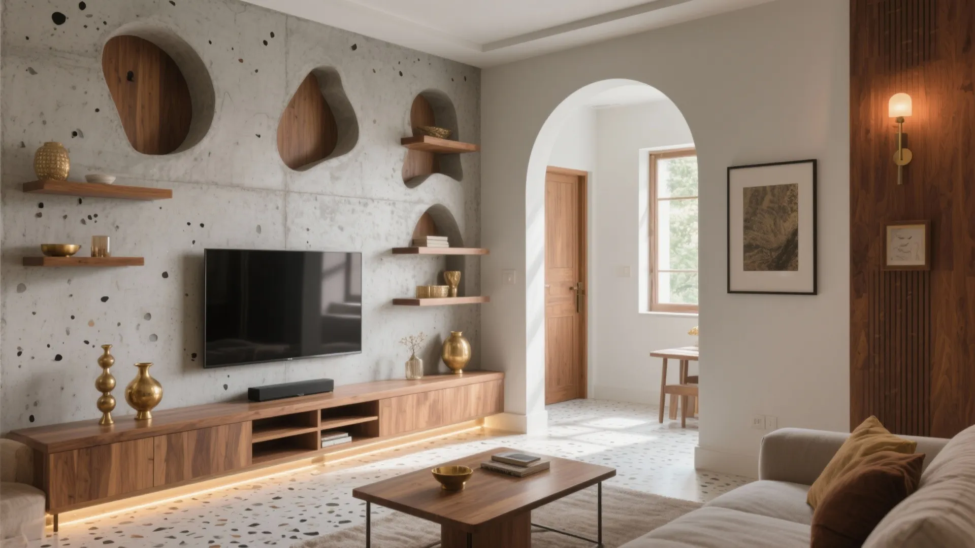 Interior design drawing of living room with concrete wall arched doorway and wooden media cabinet