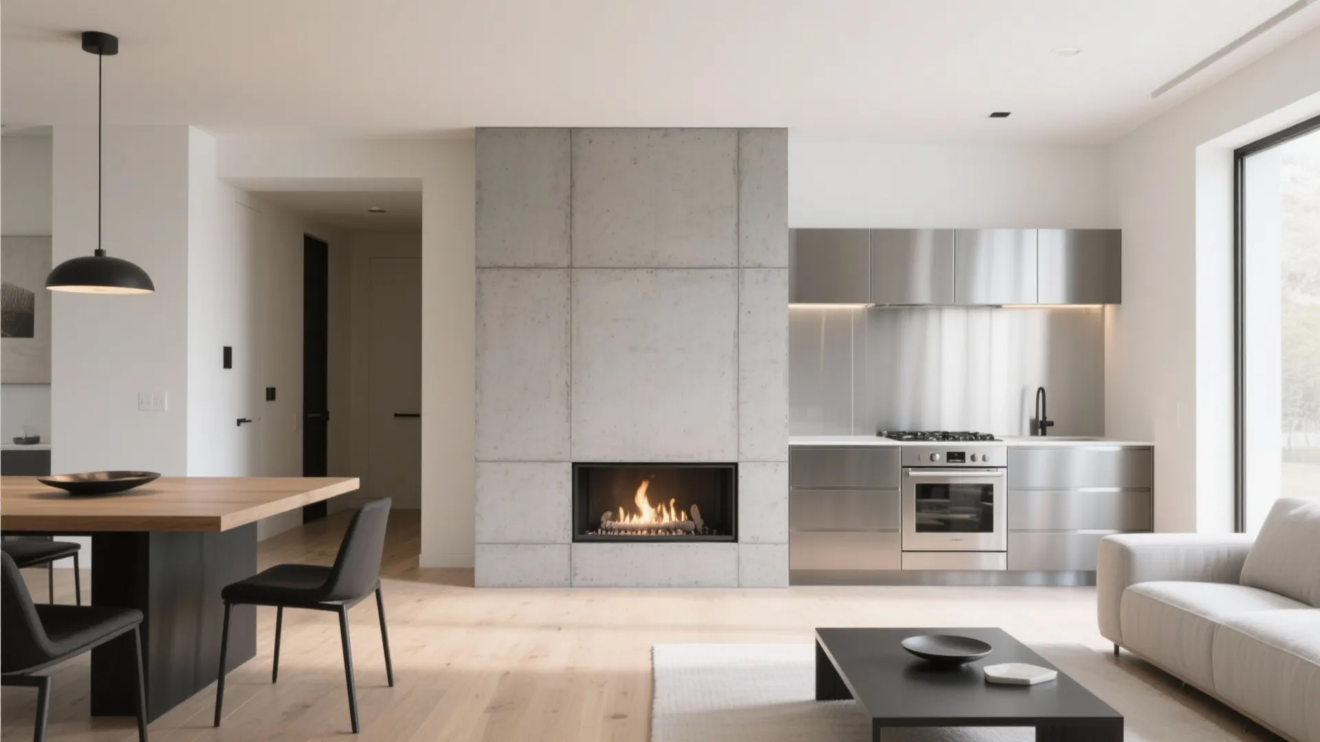 Open plan living area featuring a fireplace wall kitchen cabinets dining table and ceiling light