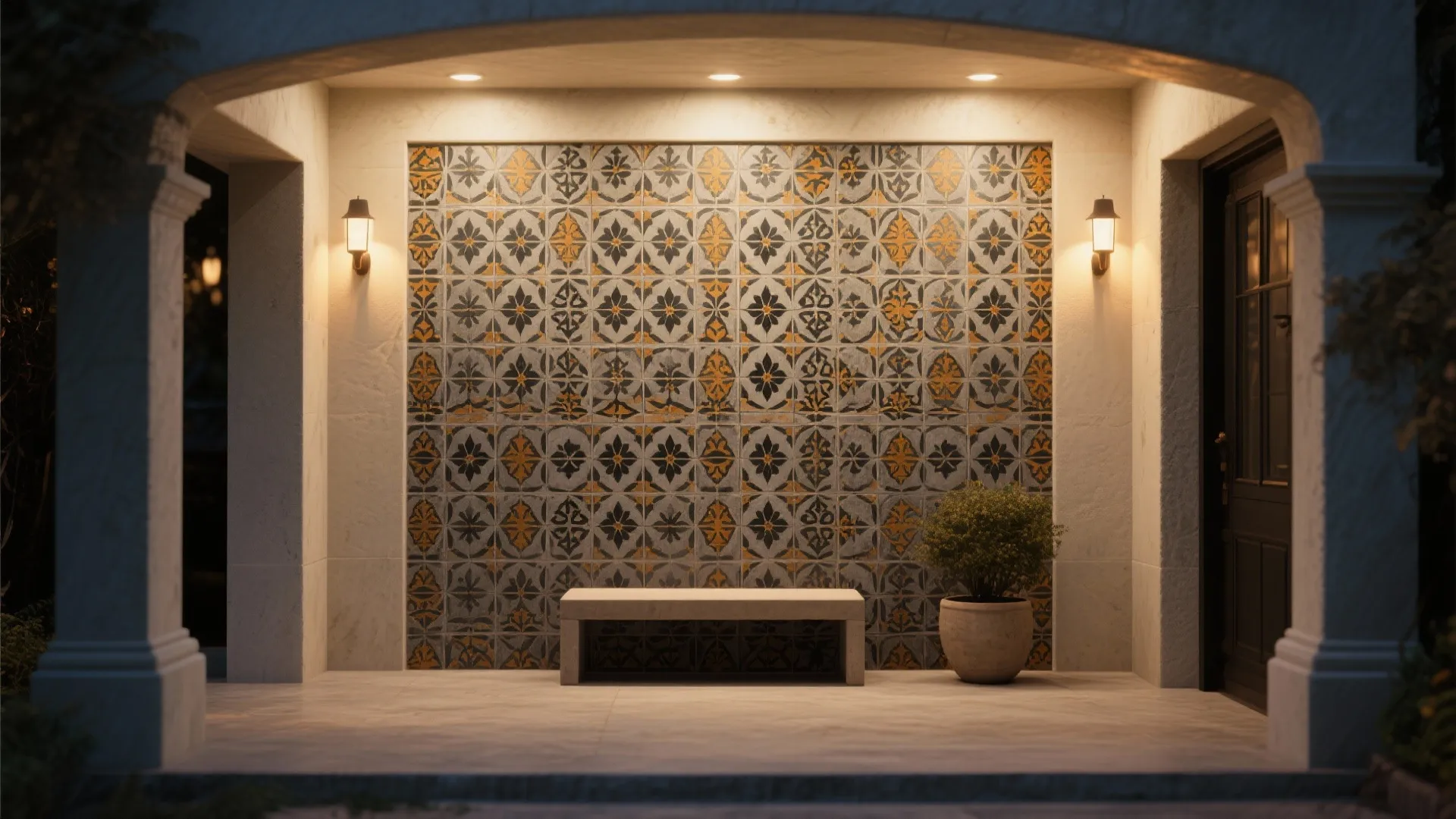 Decorative wall with patterned tiles stone bench small potted plant and two warm wall lights
