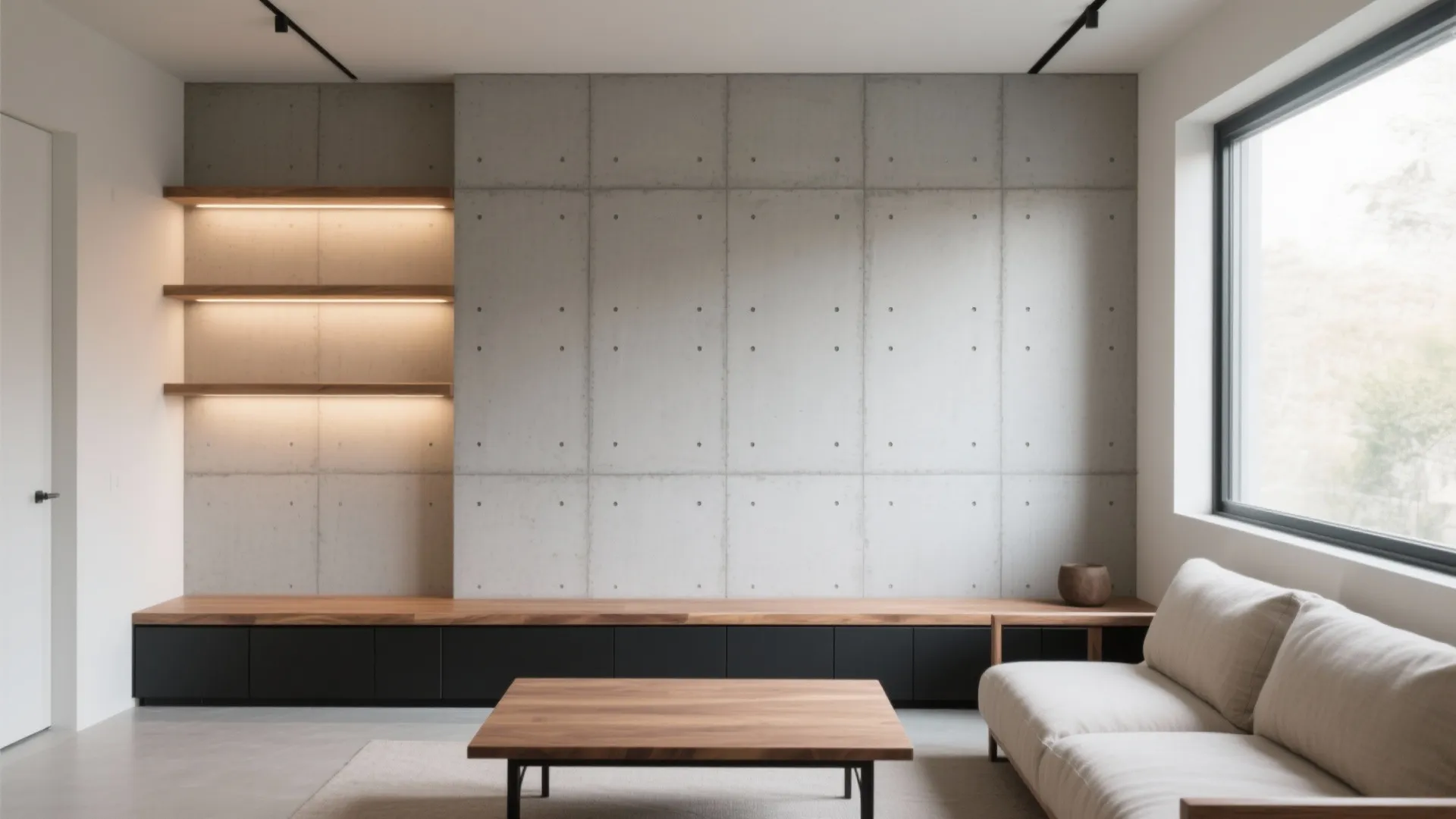 Modern living room with a concrete wall panel wooden shelves sofa and large bright window