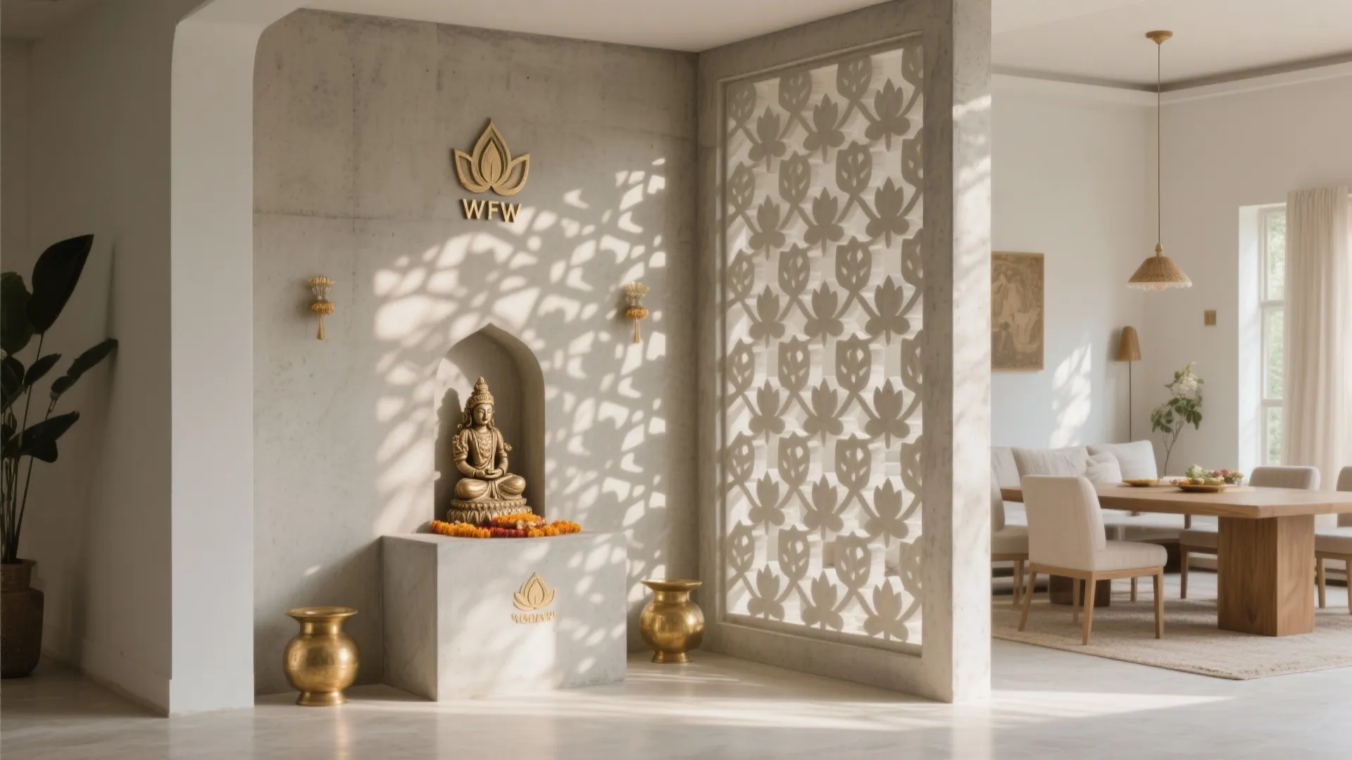 Modern room with carved stone screen and golden statue on base near wooden dining table