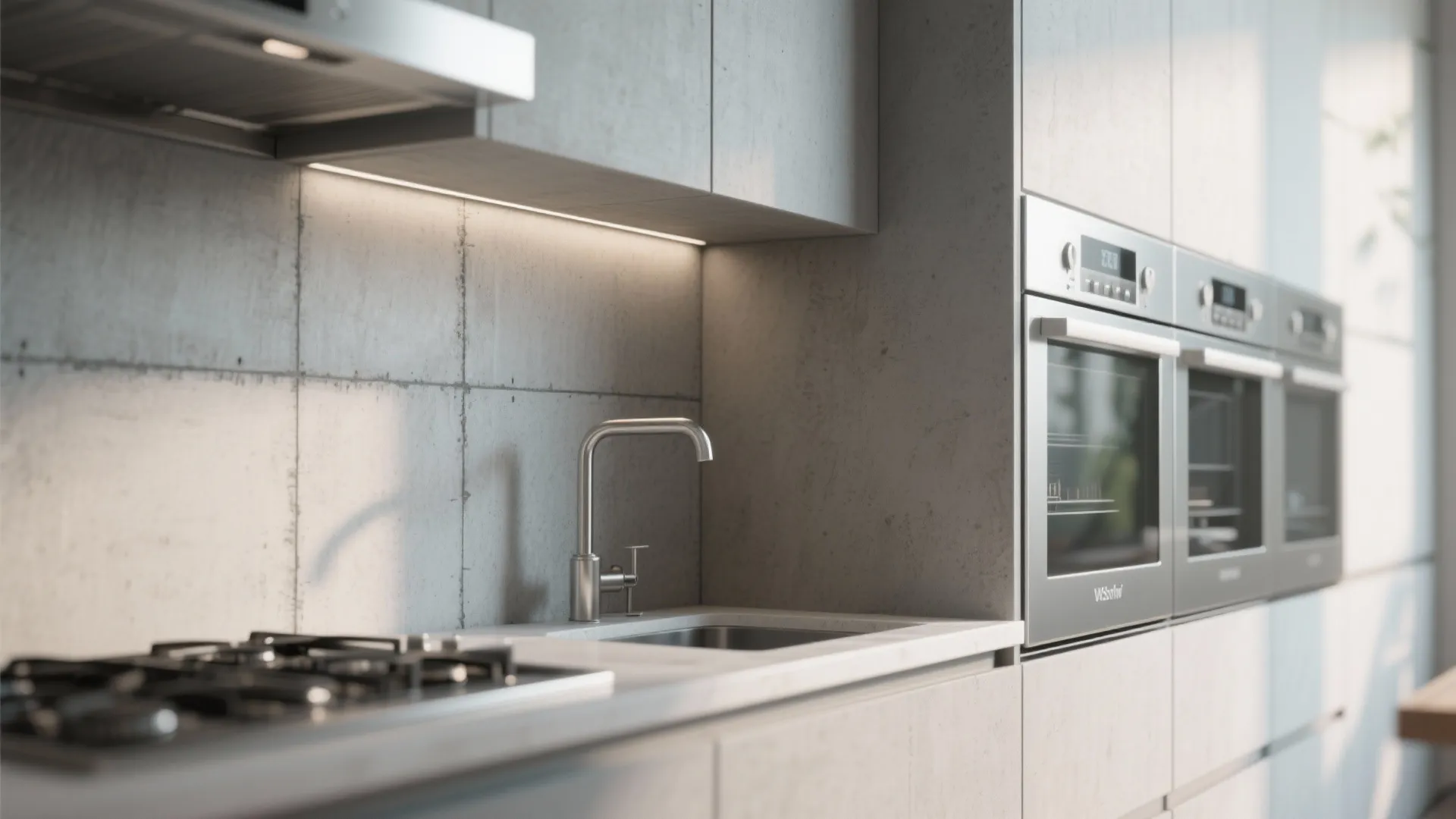 Modern kitchen interior design showing concrete wall panels with silver faucet sink and three large ovens