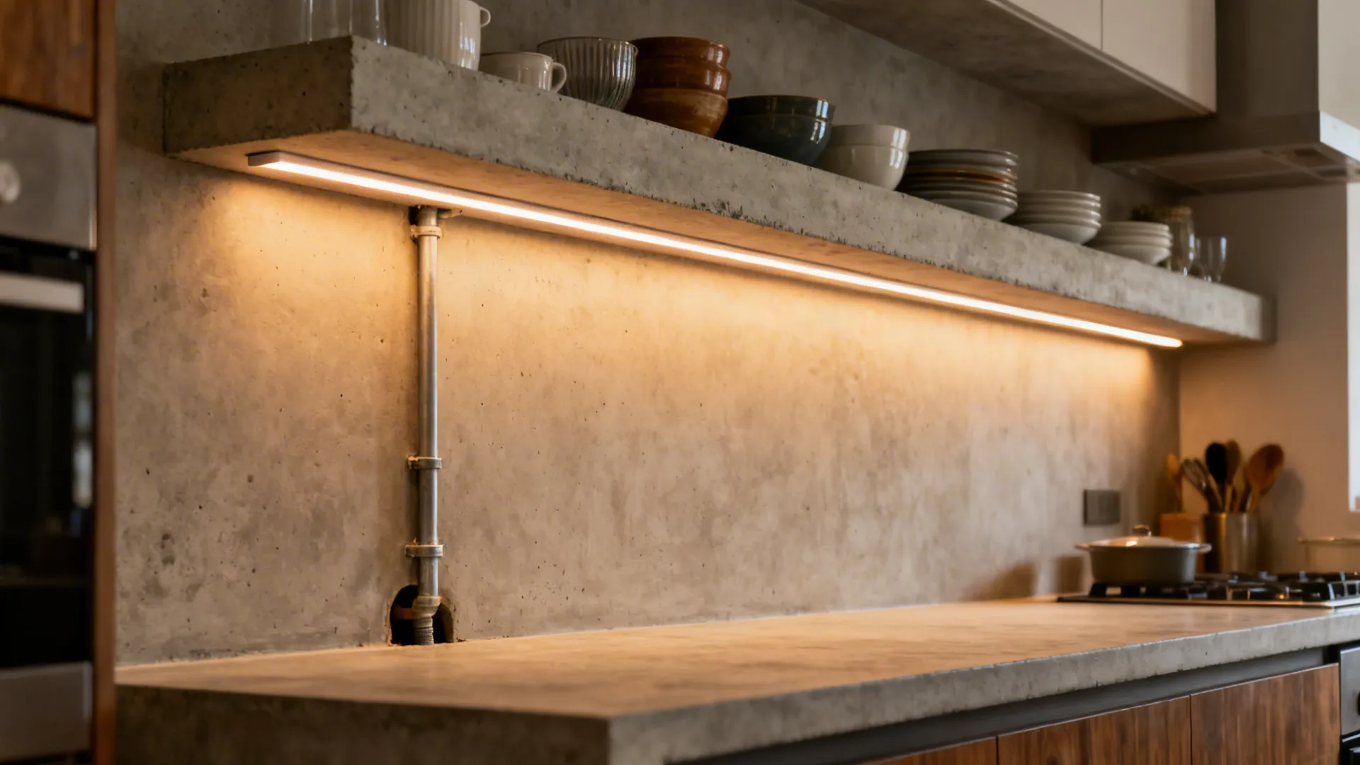 Ledge-and-reveal shelves with integrated lighting