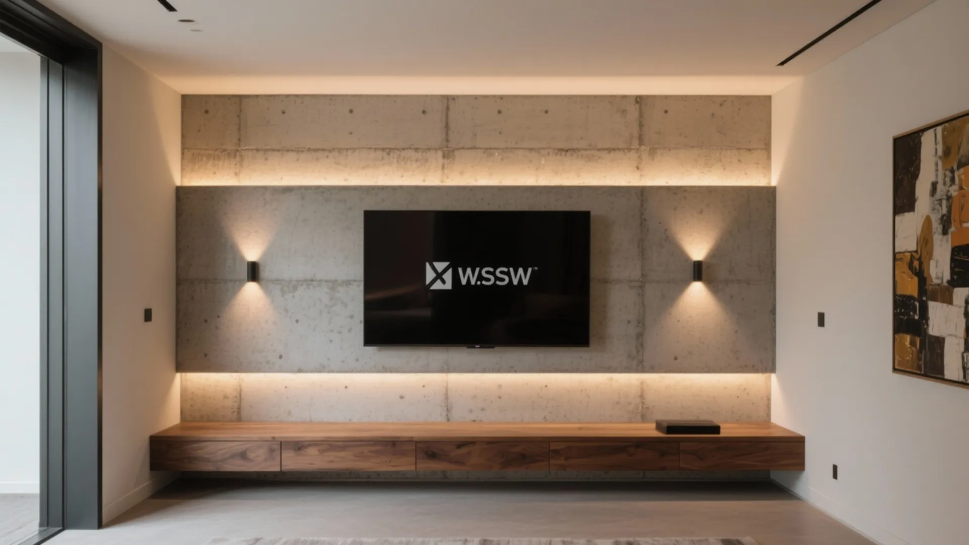 Cement-Look TV Wall with Soft Lighting Layers