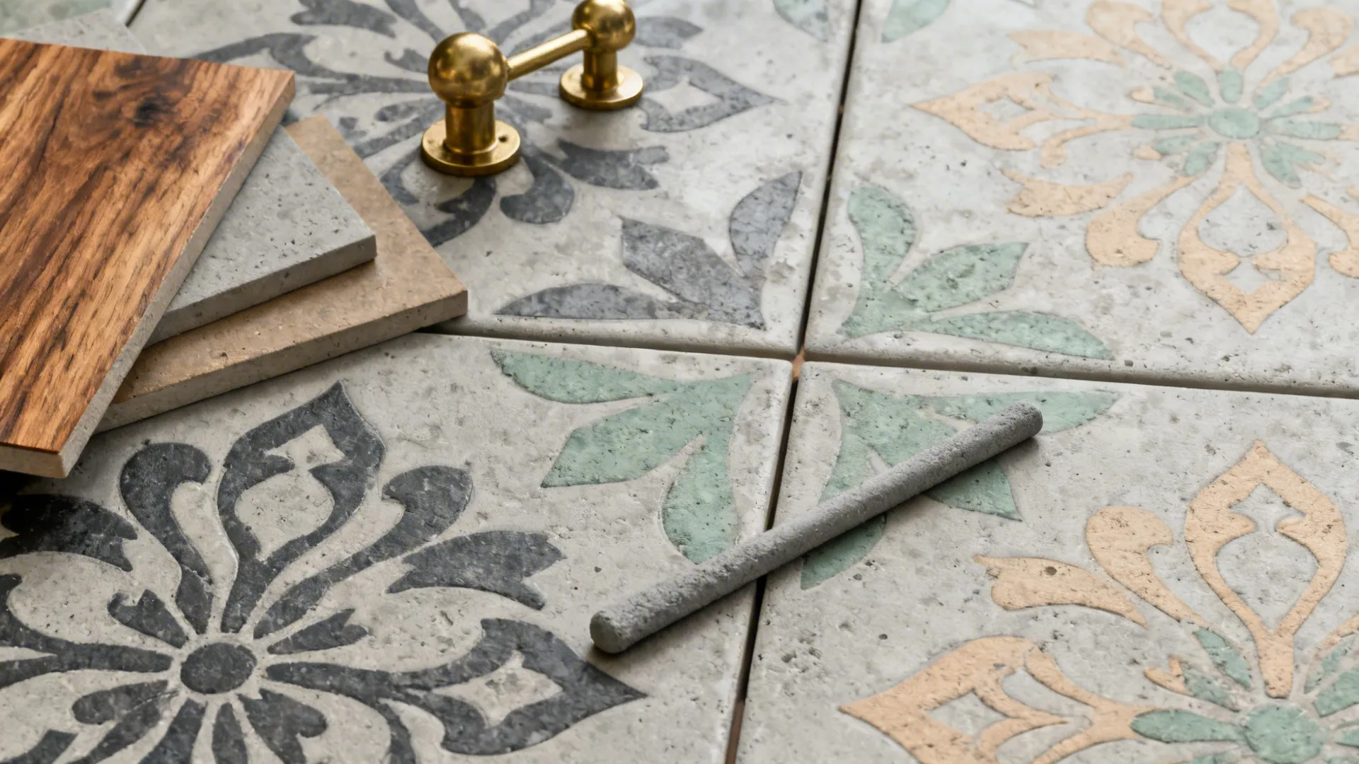 Flatlay of cement-look patterned tiles with teak and brass accents