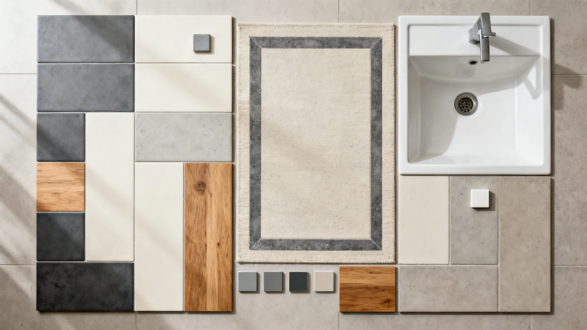 Top-down flat-lay of charcoal and ivory cement-look pattern tiles with neutral field tiles and grout swatches.