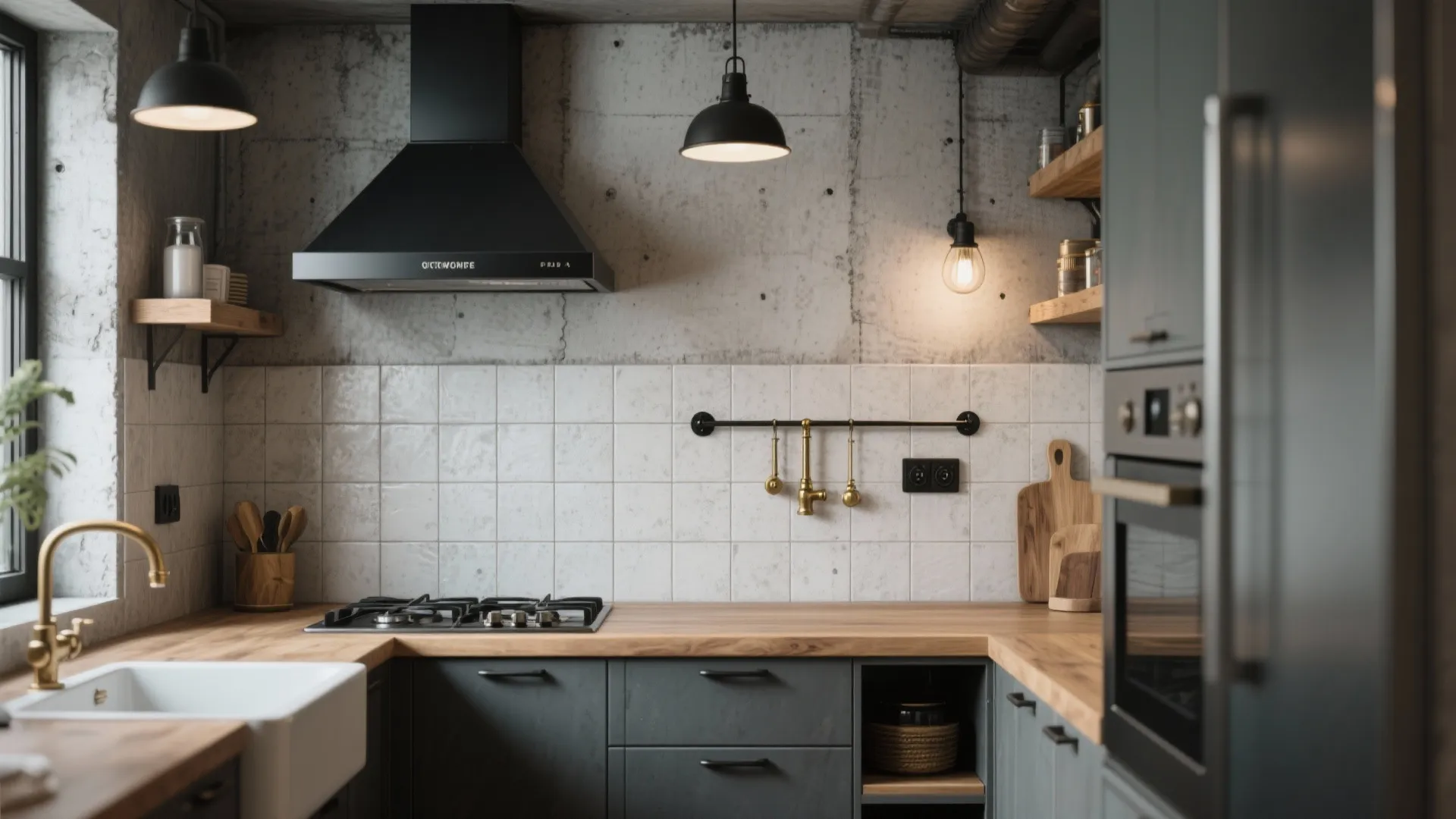 Loft-style kitchen with textured cement-look light grey tiles, black hardware and brass fixtures.