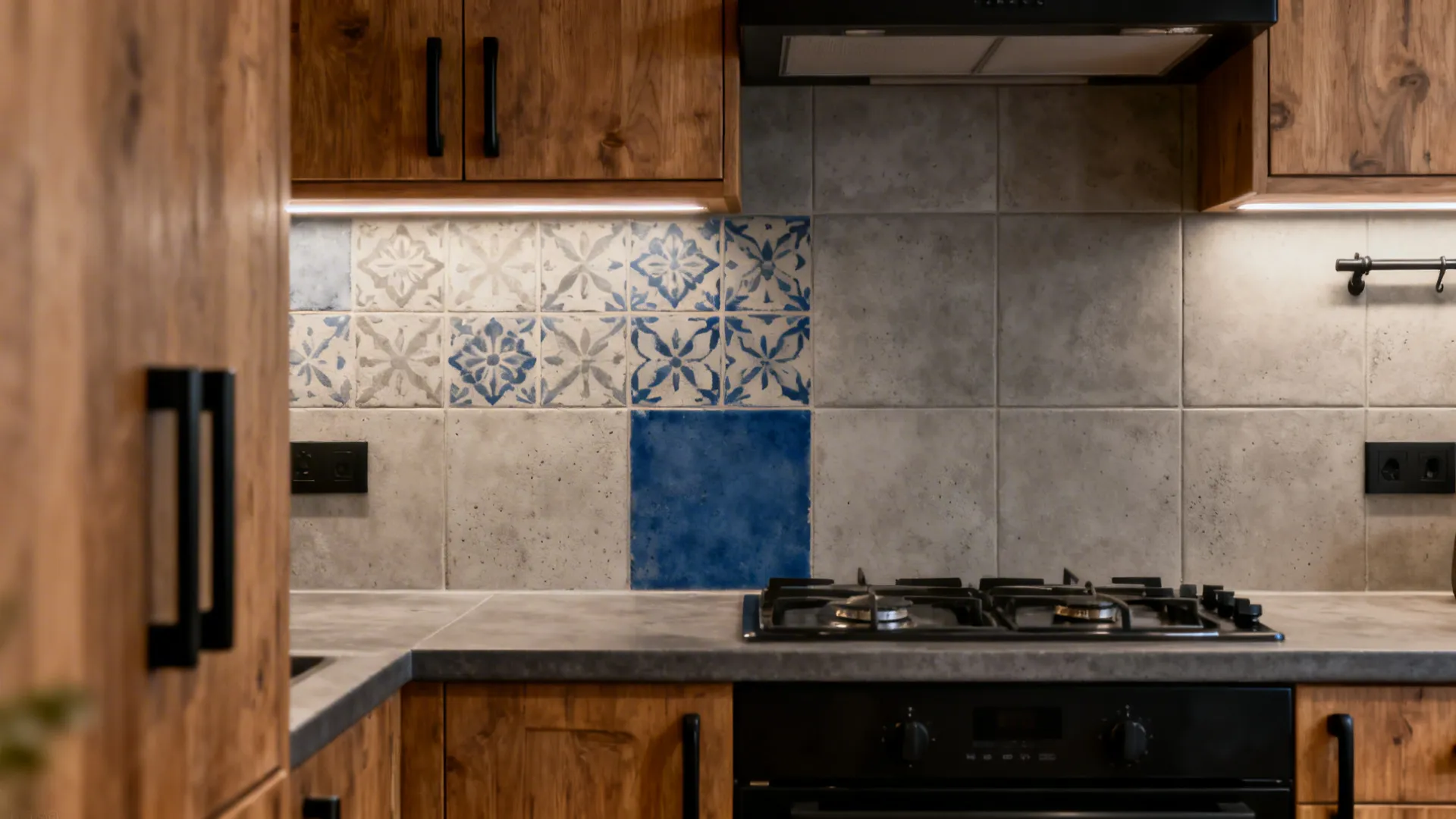 Cement-look porcelain patterned backsplash with neutral tones in a small kitchen.
