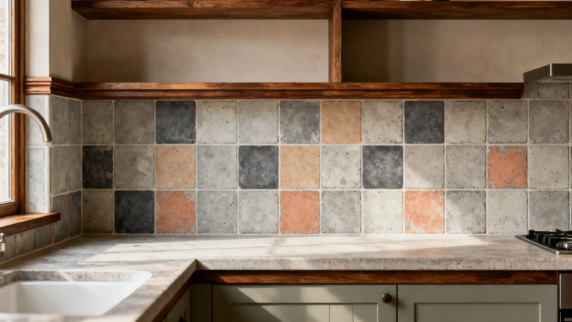 Muted cement-look patterned backsplash with warm greige and terracotta in a compact kitchen.
