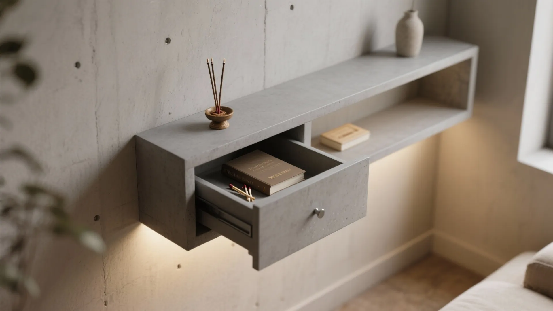 Wall-mounted Cement Mandir with Hidden Storage