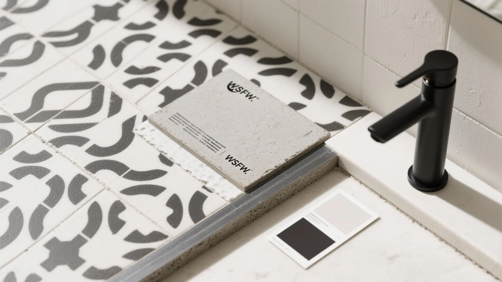 Flat lay with patterned cement tile, sealer, threshold strip, black hardware finish, and neutral paint.