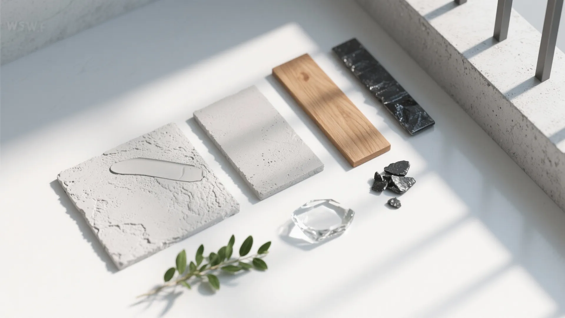 Interior design materials flat lay with concrete tiles wood sample black stone and green leaves