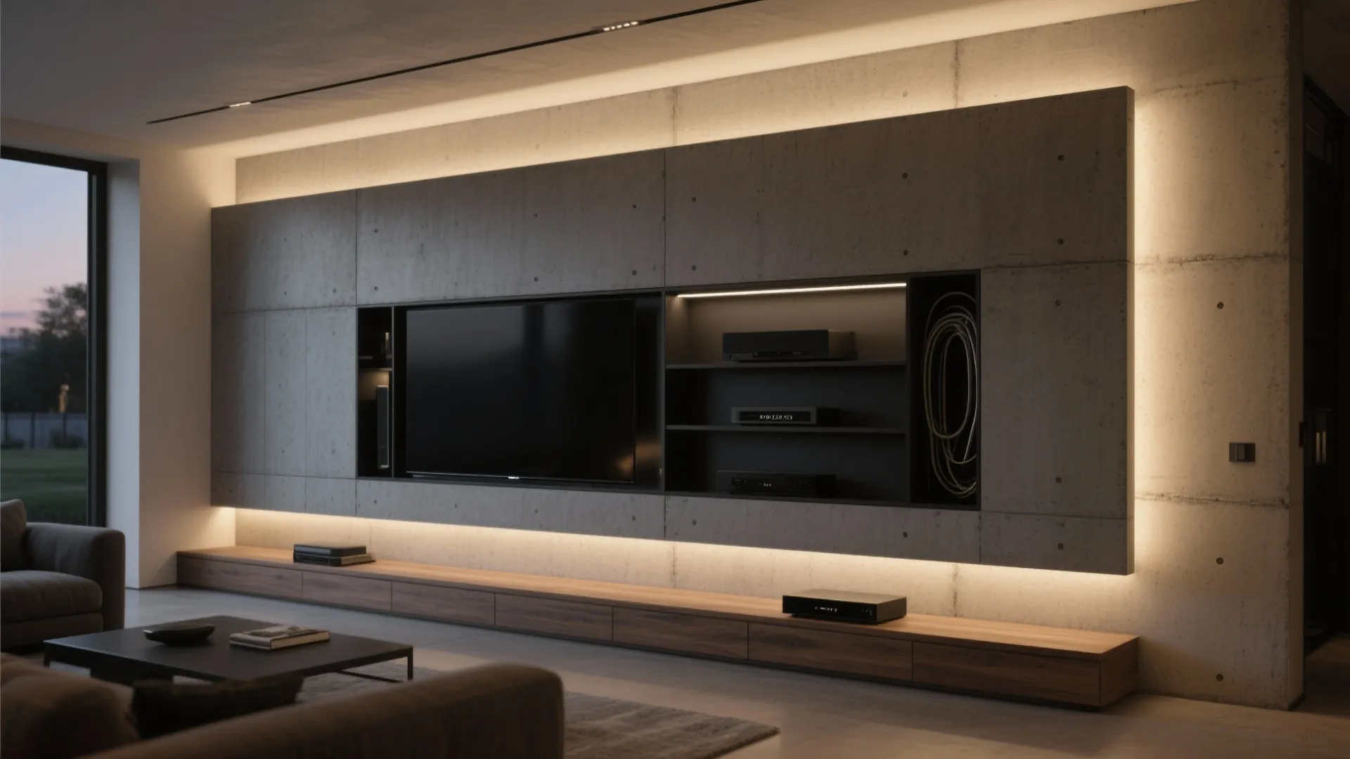 Modern living room featuring a concrete media wall with built in lighting and long wooden cabinet