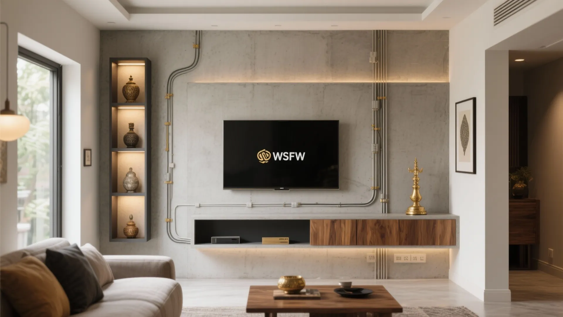 Modern living room featuring industrial concrete wall with television wooden cabinet and grey sofa furniture